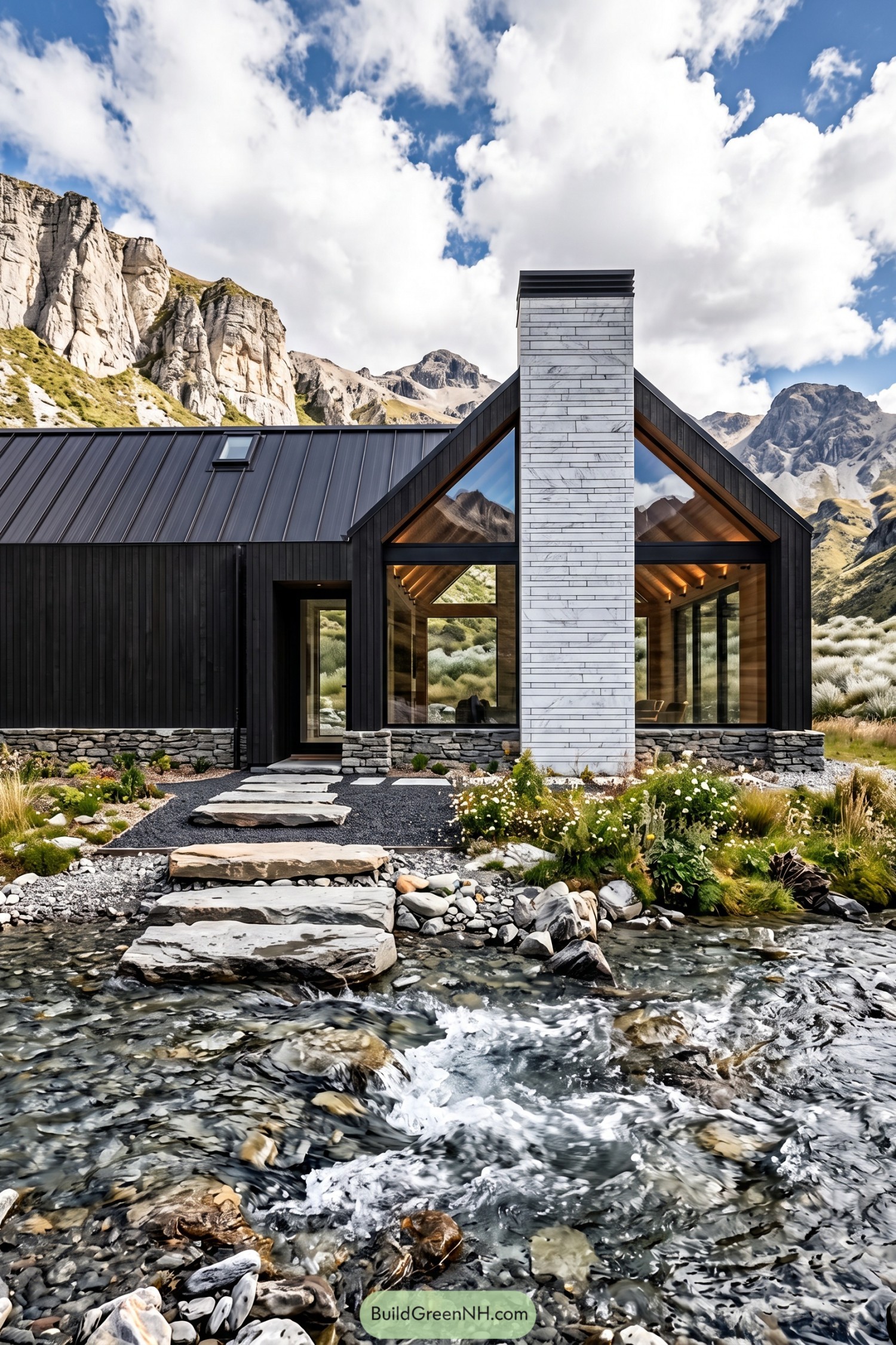 Black timber barn house with a white marble chimney beside a mountain stream