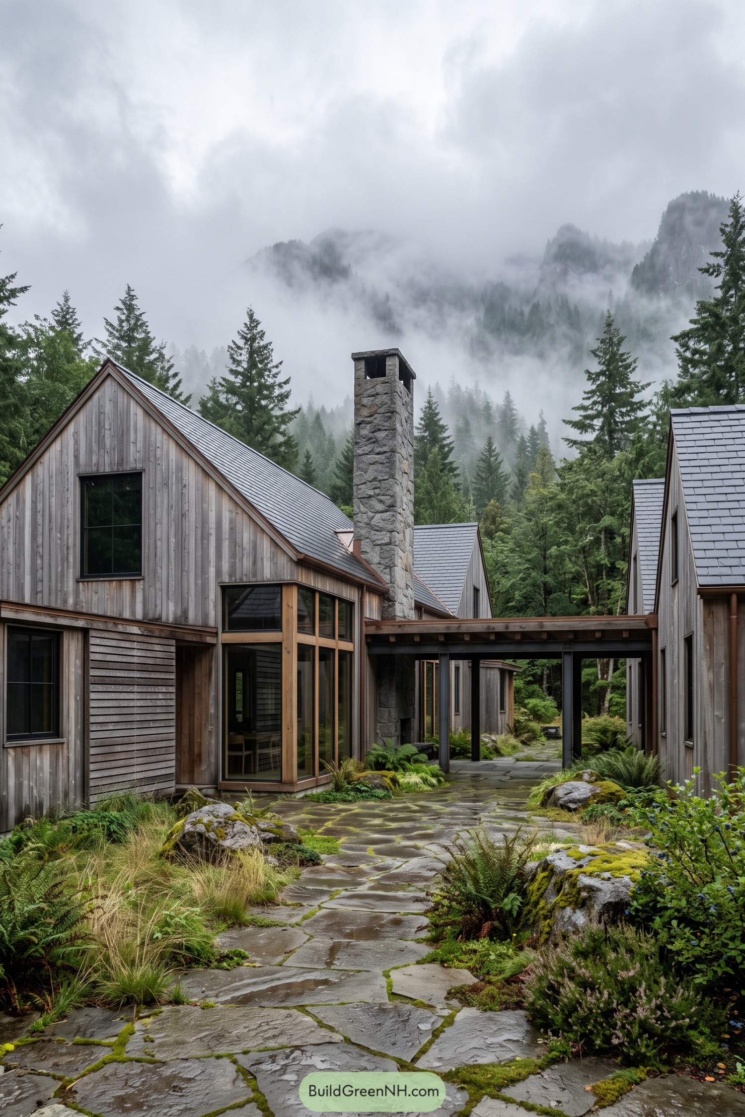 Timber gabled homes with a stone chimney in a misty forest