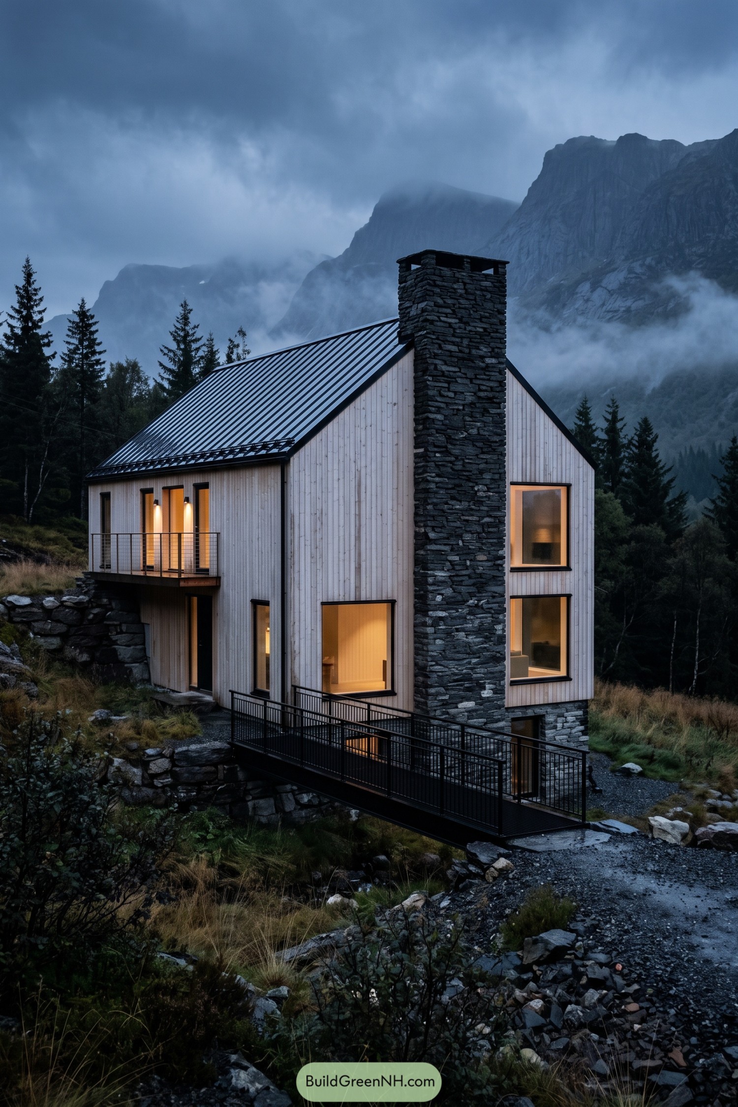 Modern timber barn with stone chimney beneath misty cliffs