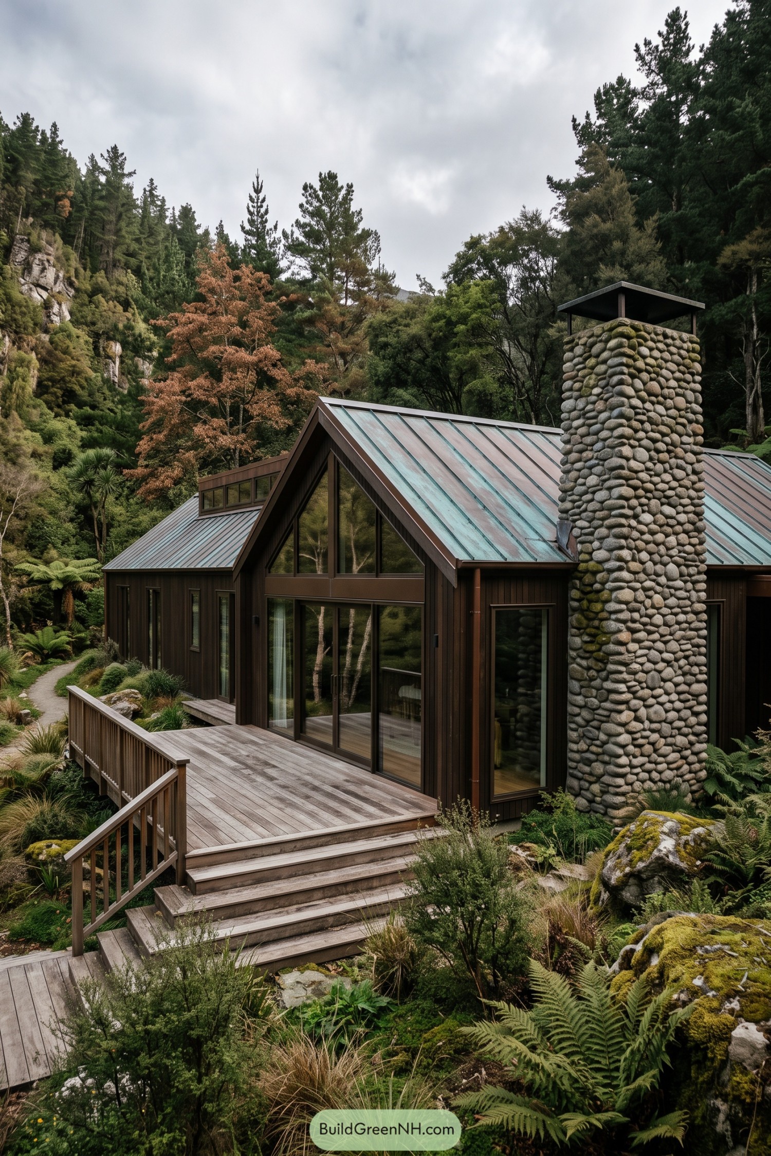 Woodland barn house with pebble stone chimney and metal roof