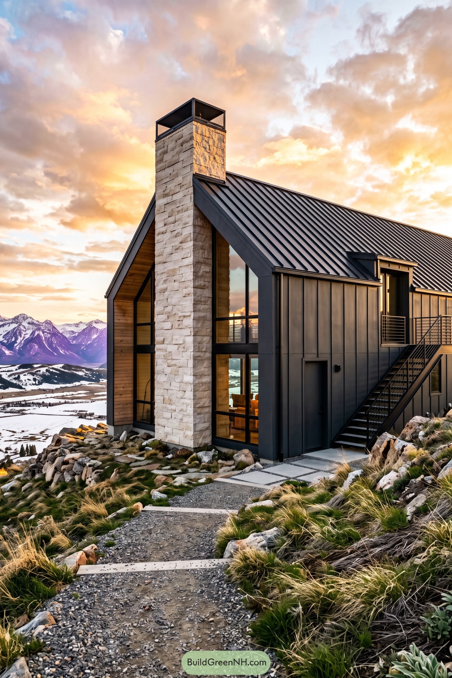 Modern barn house with stone chimney and exterior stair