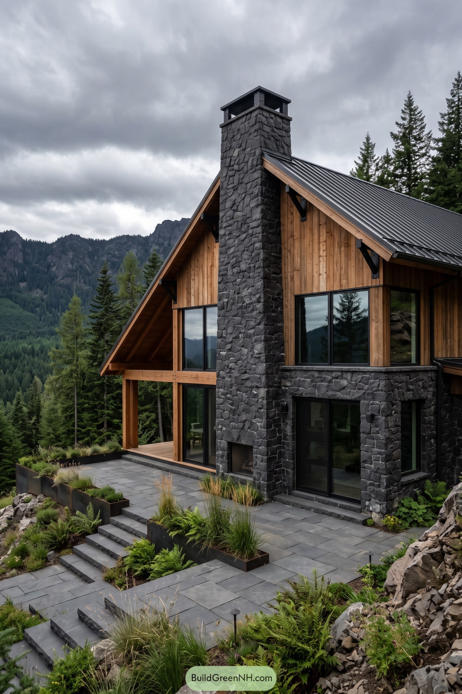 Timber mountain home with a tall dark stone chimney