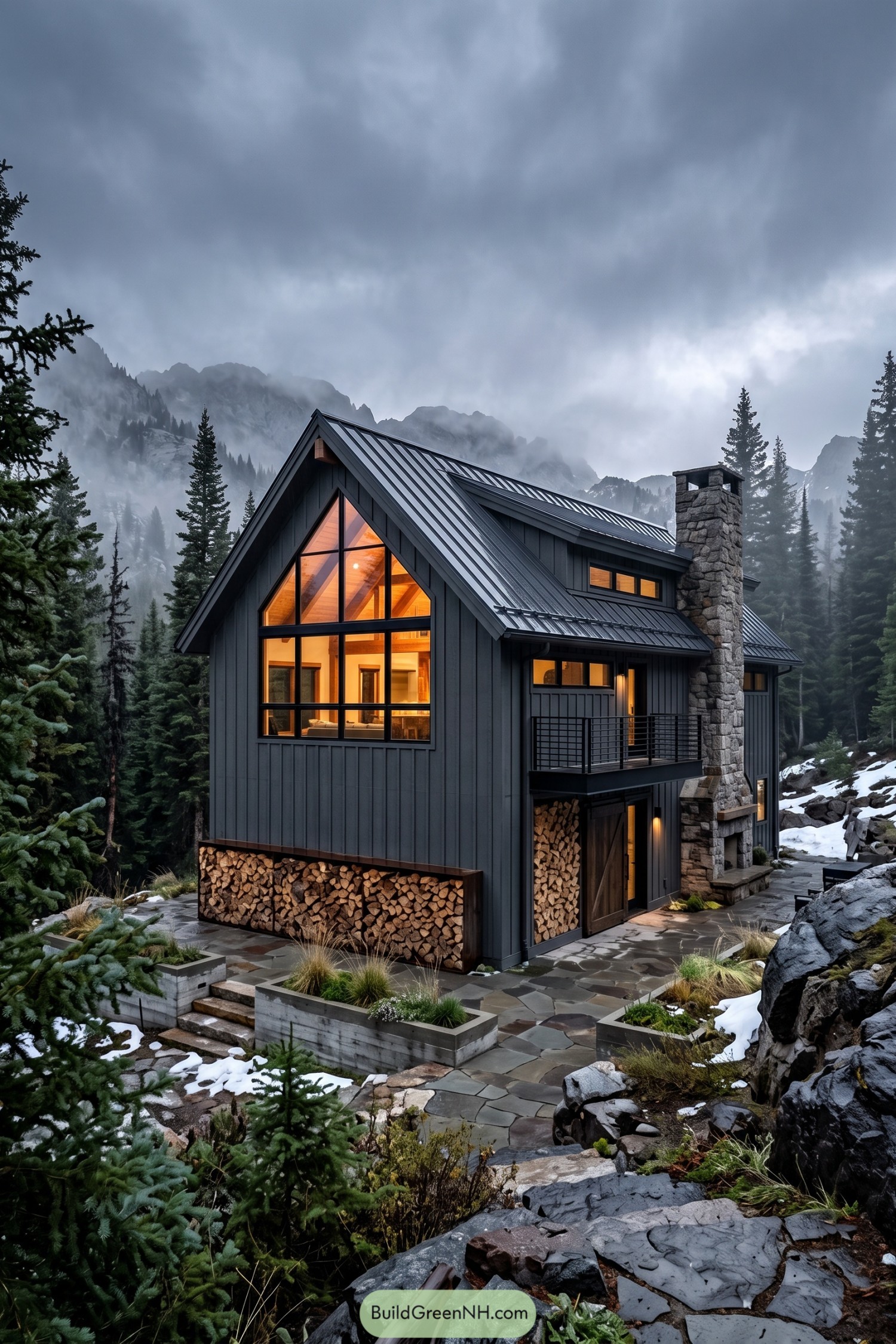 Dark metal-clad mountain house with stone chimney and glowing gable windows