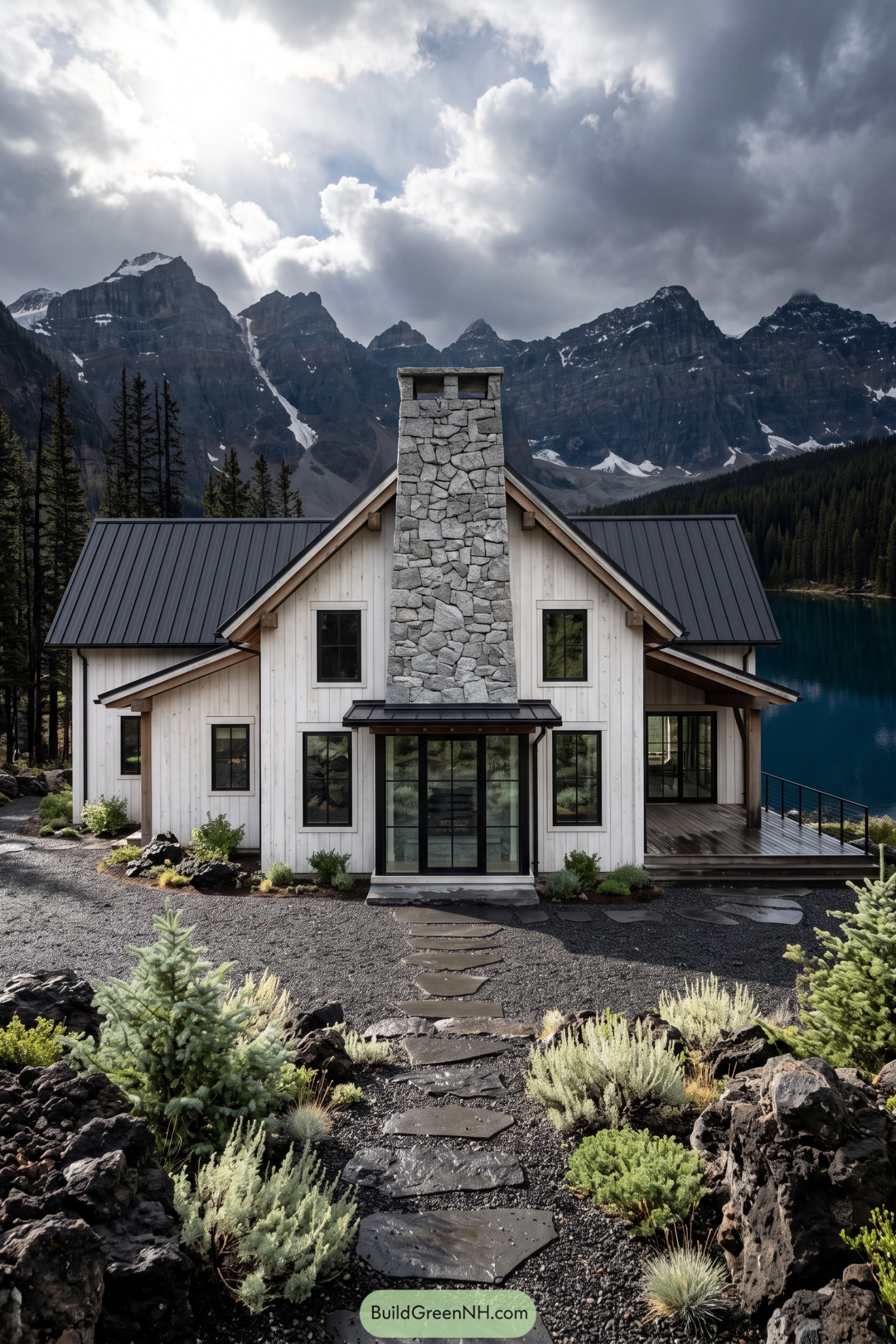 White barn house with stone chimney beside alpine lake