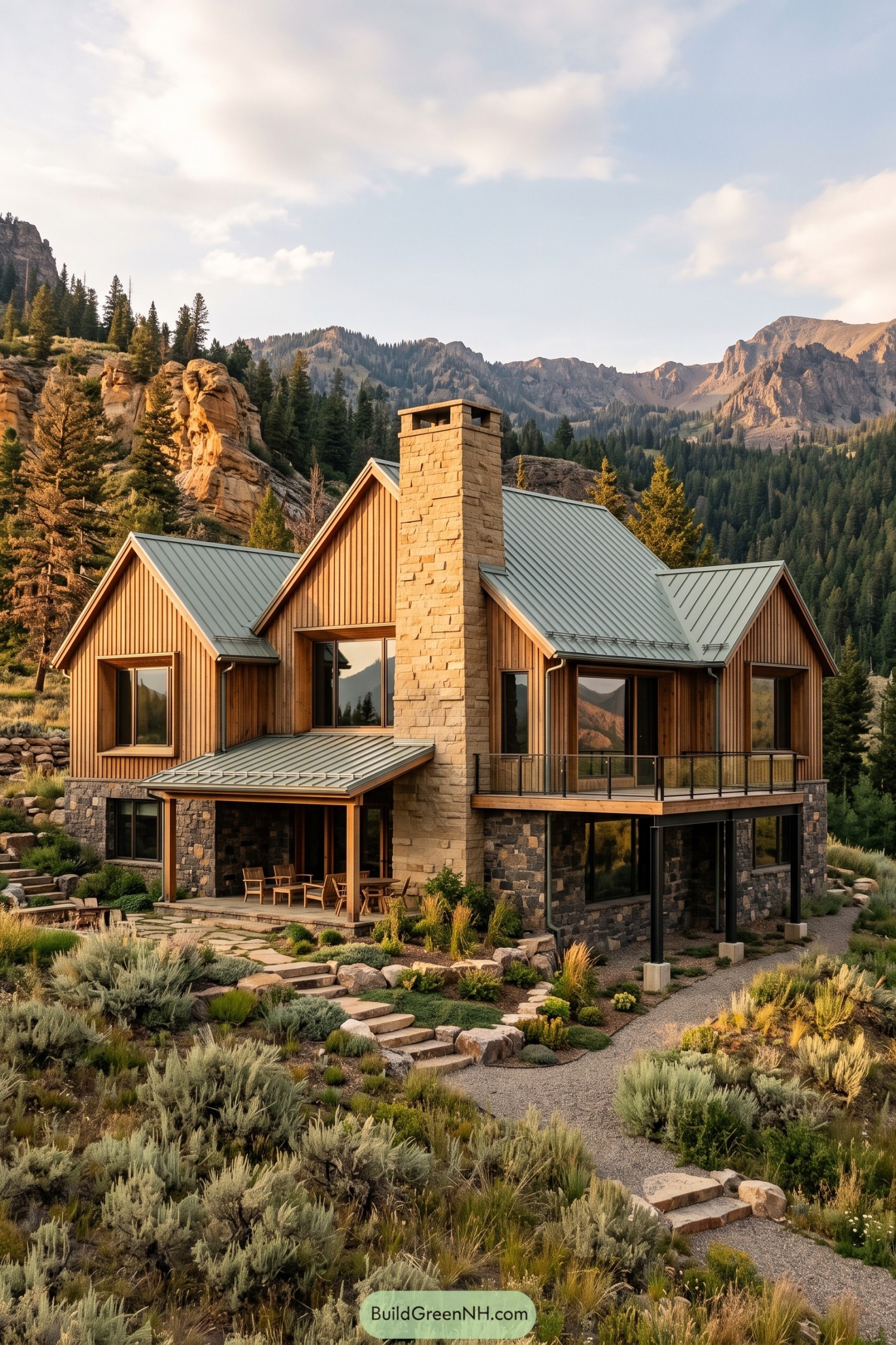Modern timber and stone mountain home with metal gables