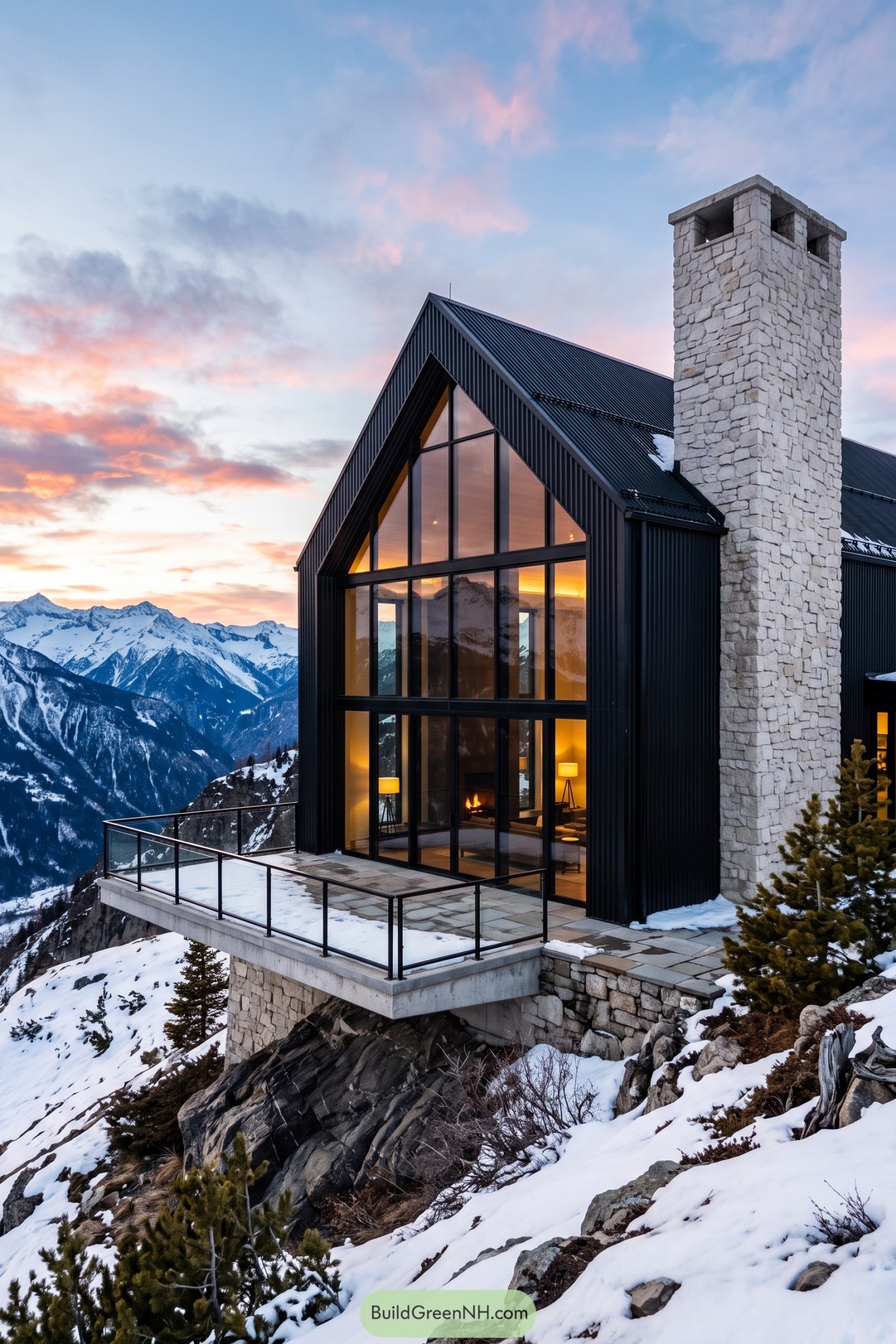 Black metal gable home with stone chimney above snowy mountains
