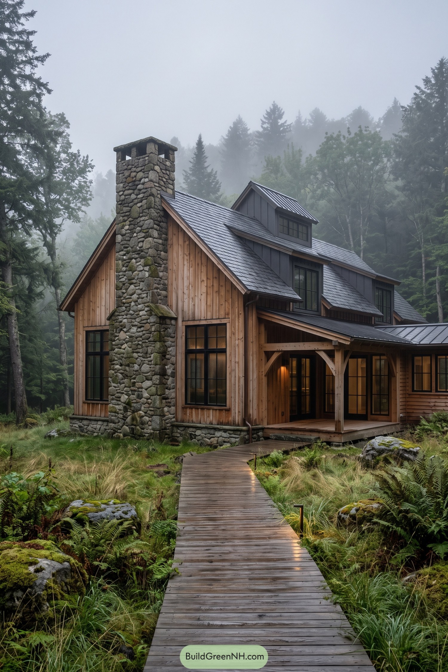Wood barn house with stone chimney in misty forest