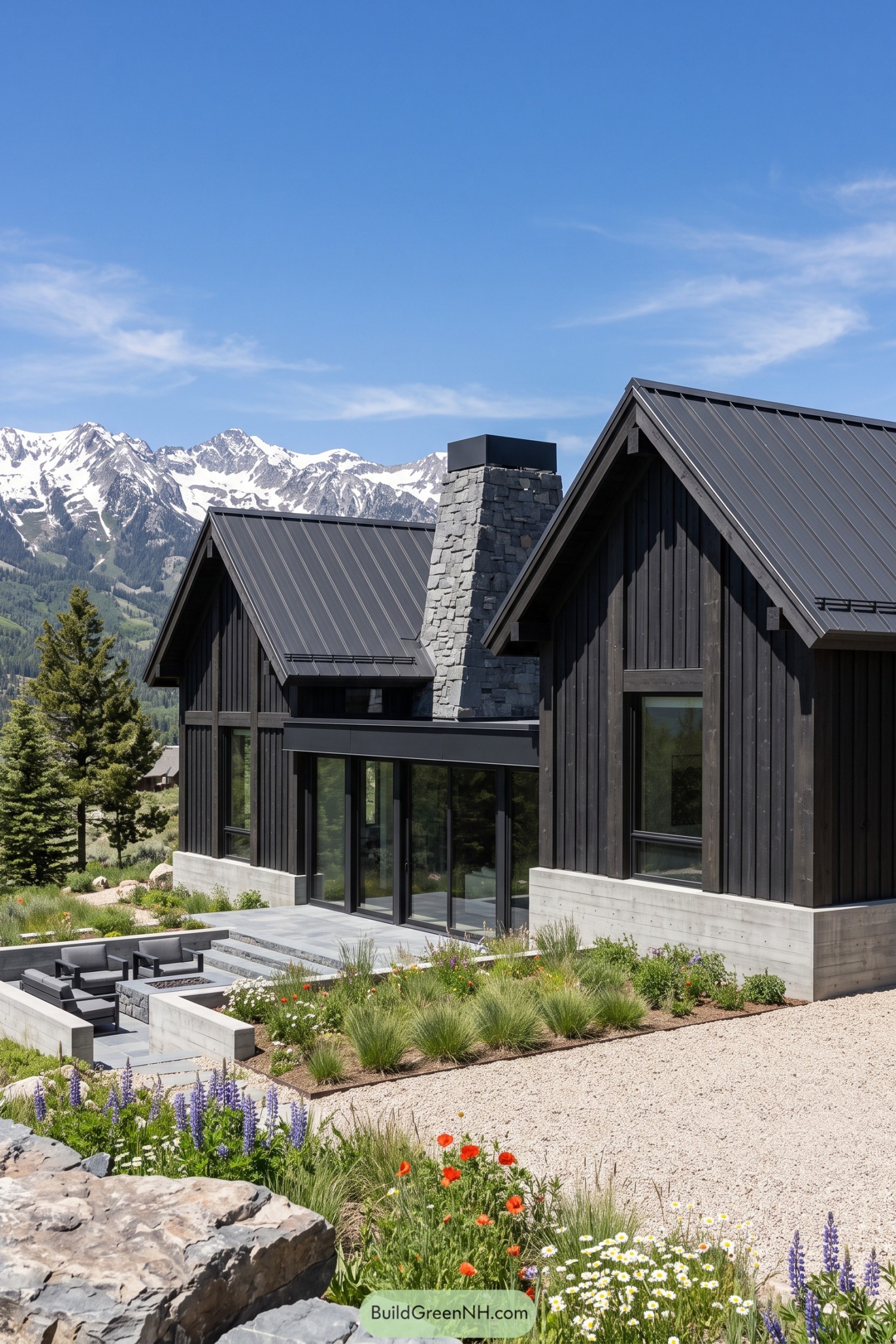 Dark timber gable house with stone chimney beneath snowy peaks
