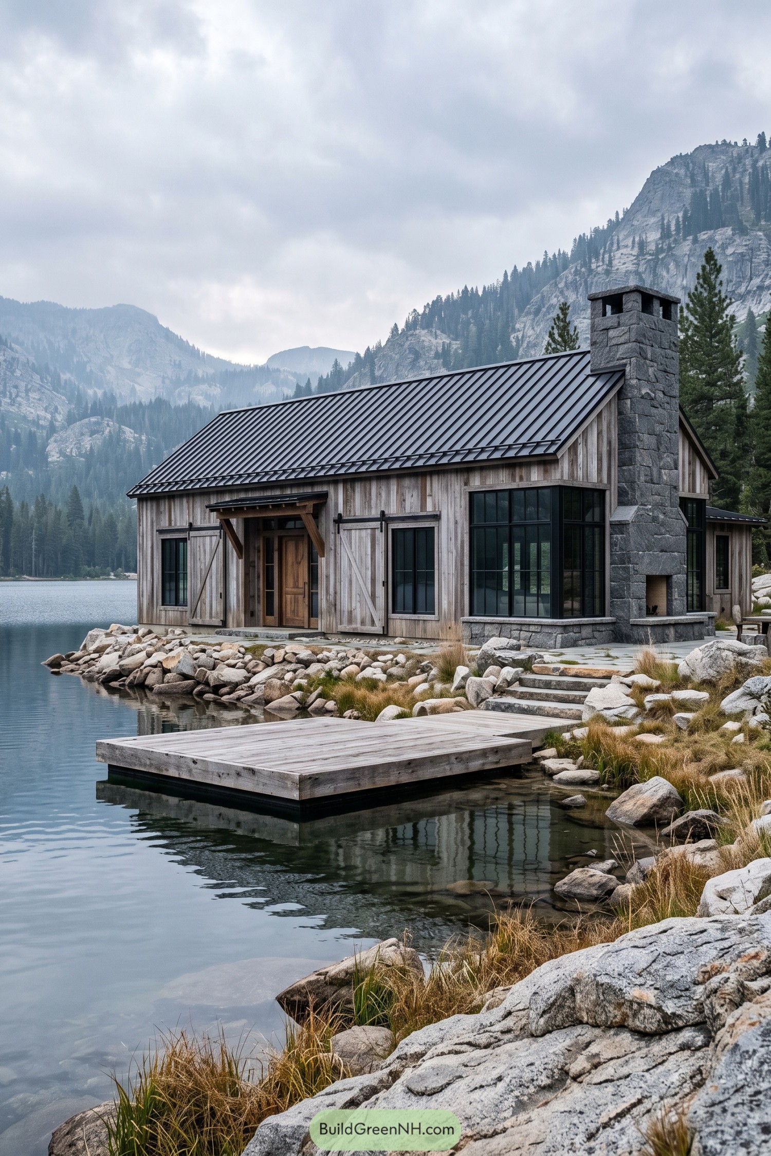 Weathered timber barn house beside a mountain lake with stone chimney and dock