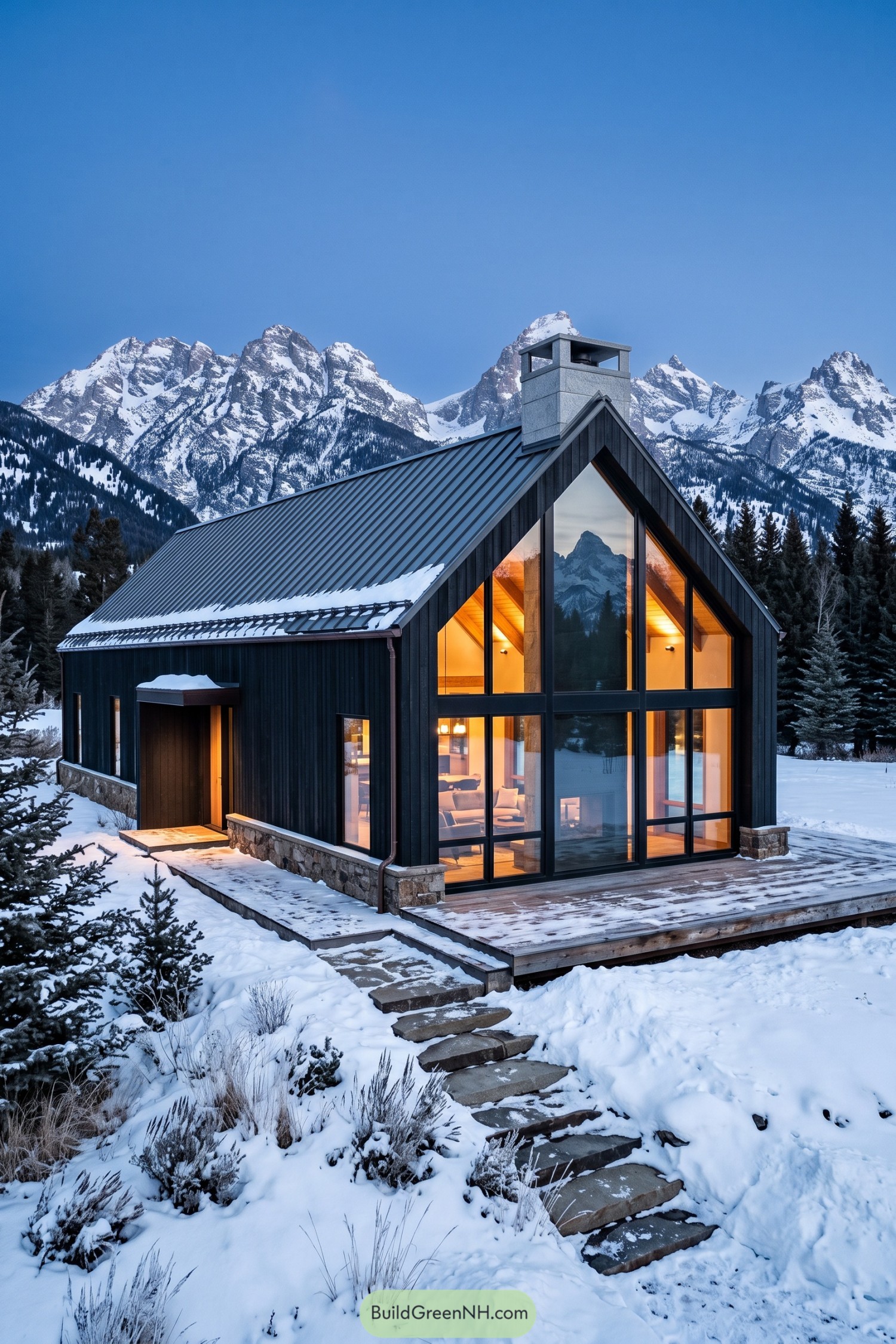 Modern black barn house with tall gable windows in snow