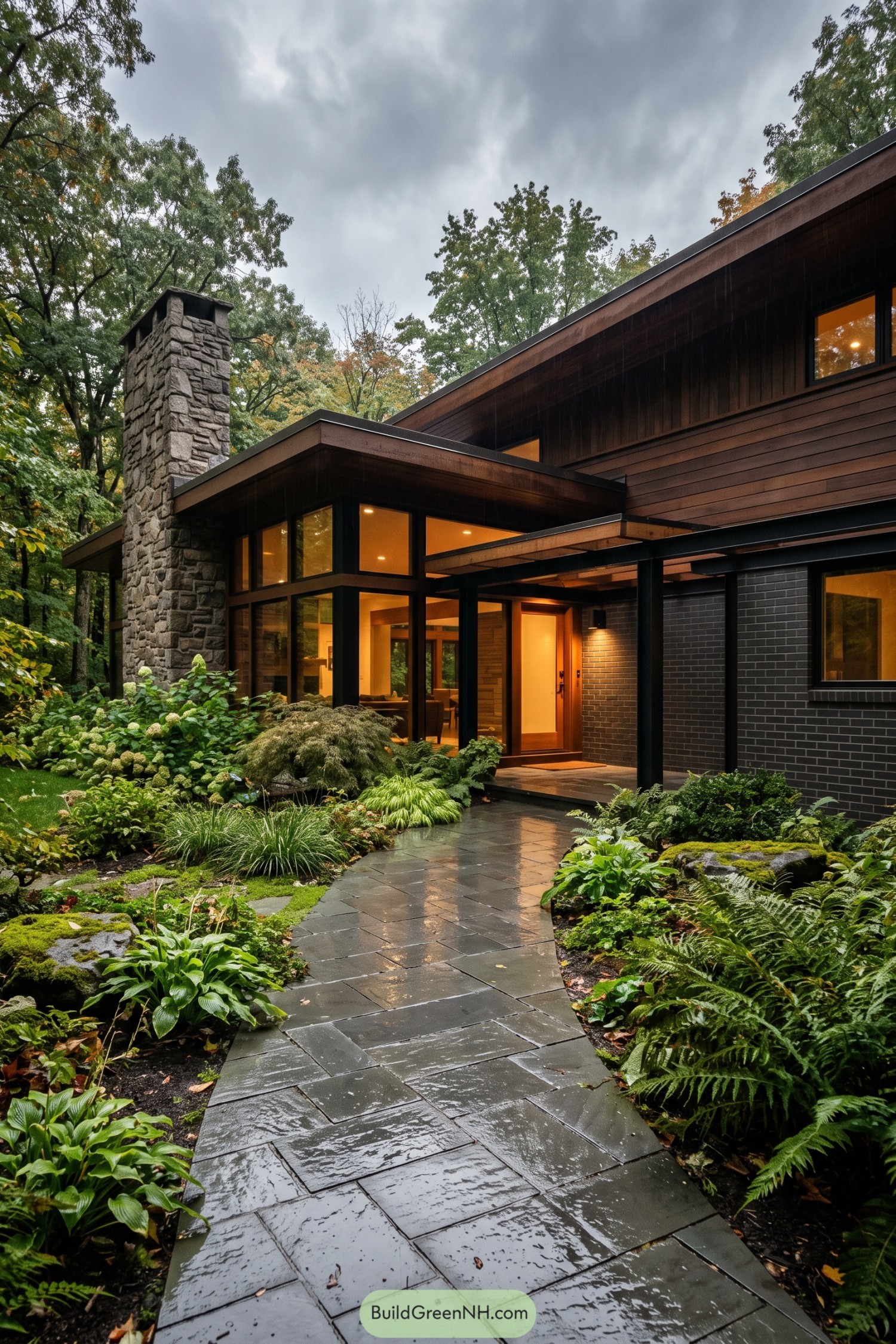 Modern prairie home with stone chimney and sheltered entry amid lush woodland planting