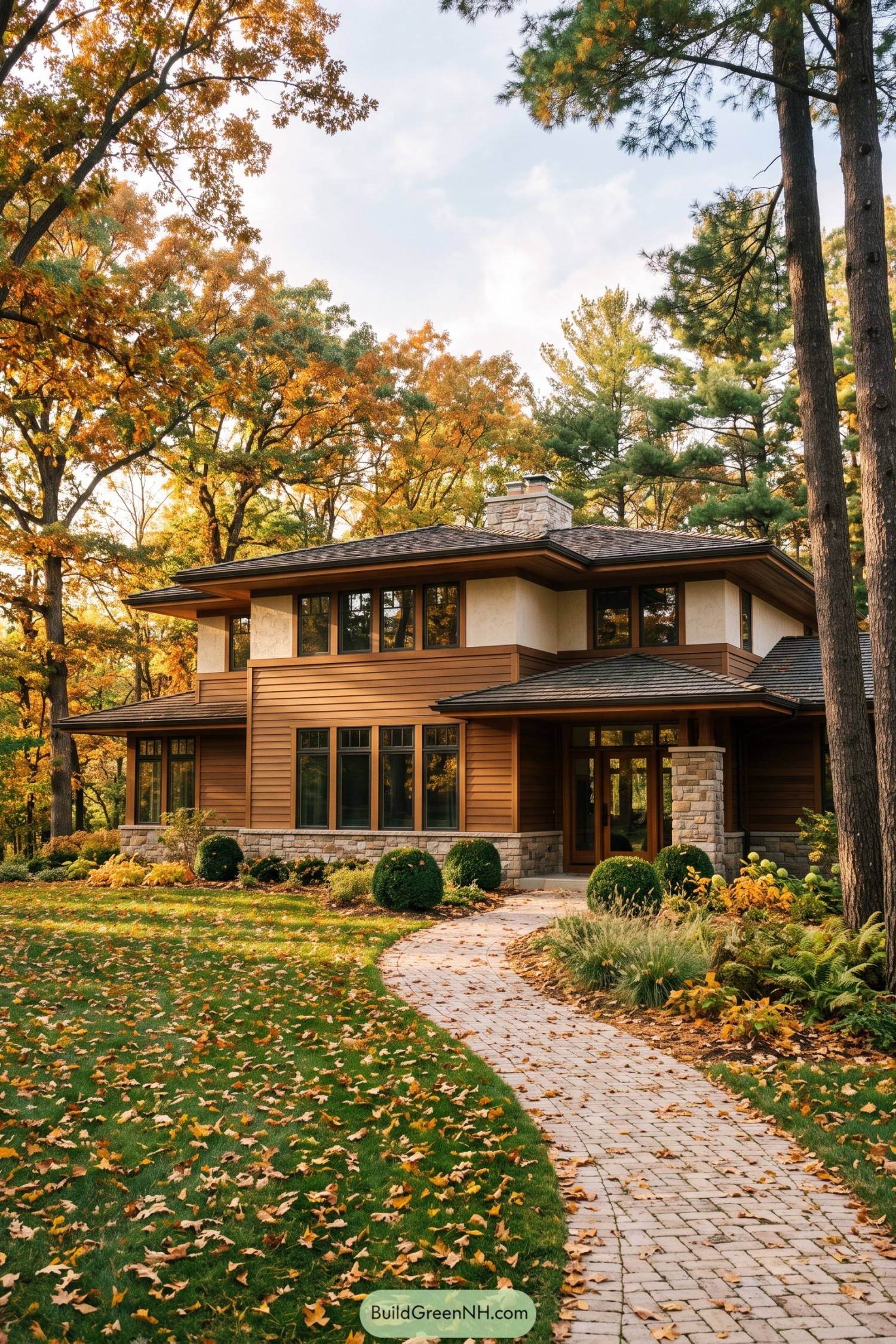 Two-story prairie home with wood siding stone details and broad eaves beneath autumn trees