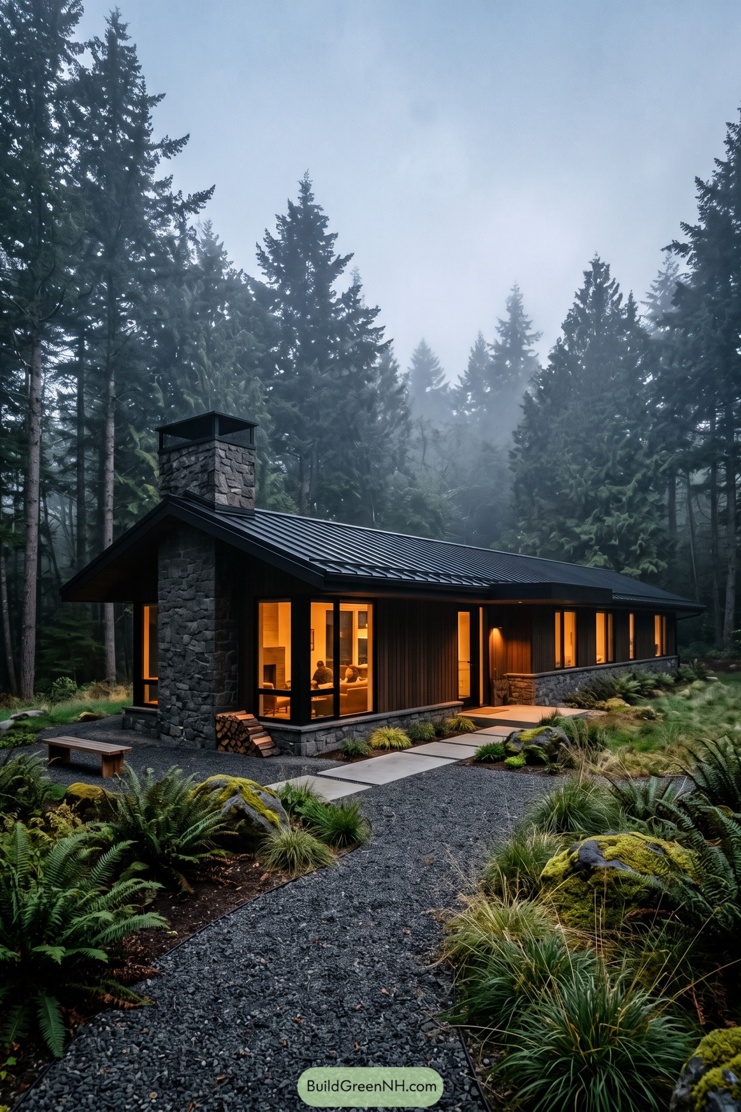 Modern dark-clad home with a stone chimney in misty evergreens