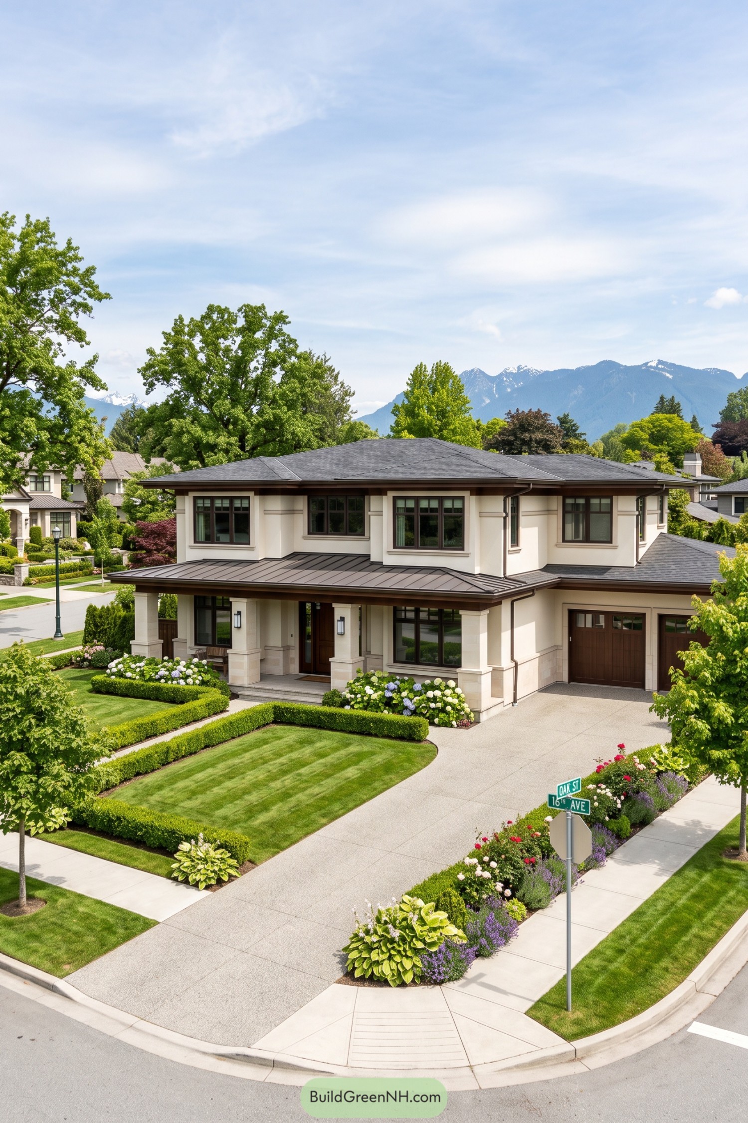 Two story prairie home with broad rooflines and manicured corner garden