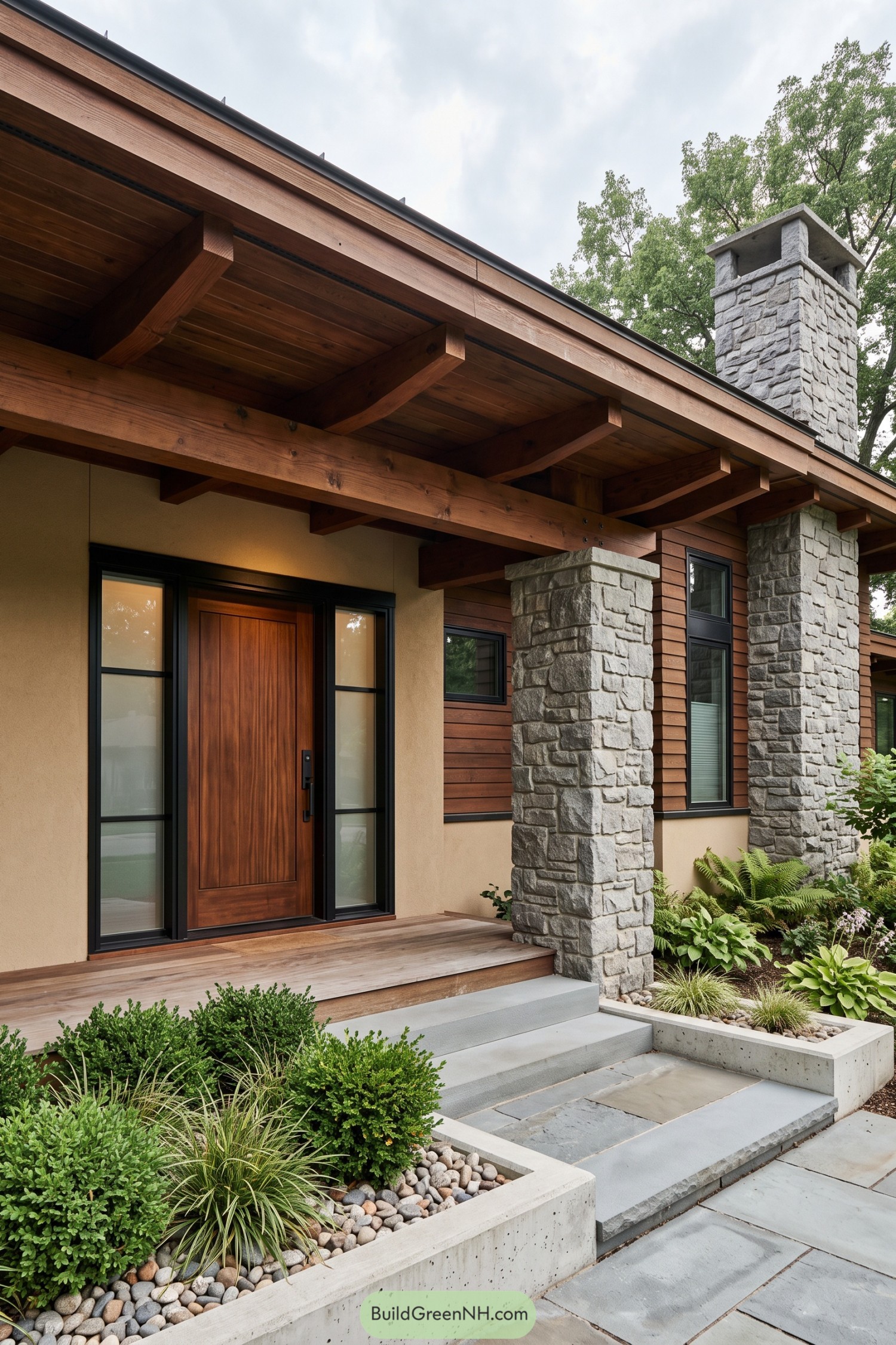 Modern prairie entry with stone columns and deep timber eaves
