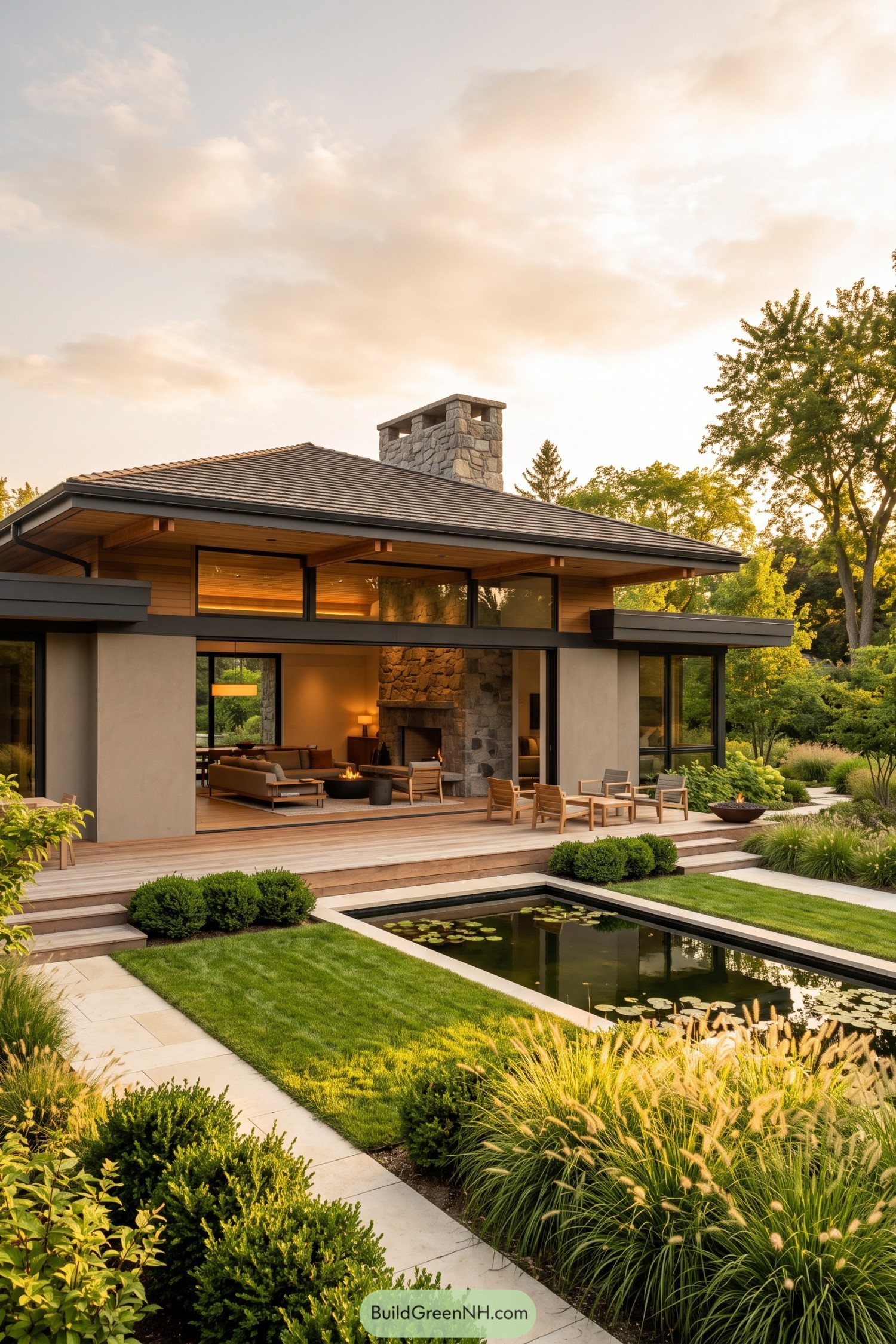 Modern prairie home with a stone chimney and reflecting pool