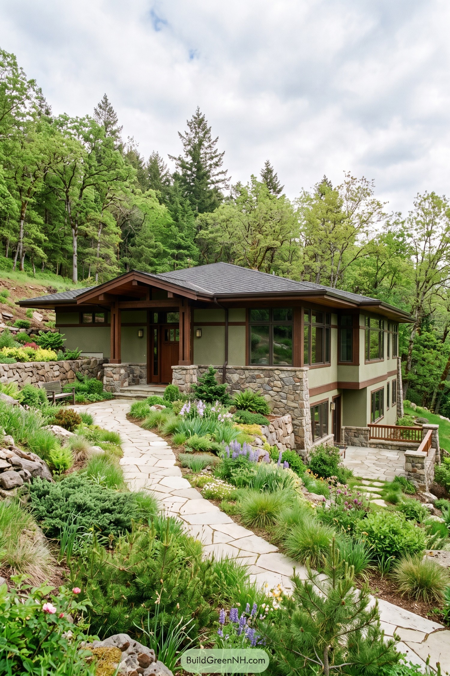 Hillside prairie home with stone walls and broad eaves