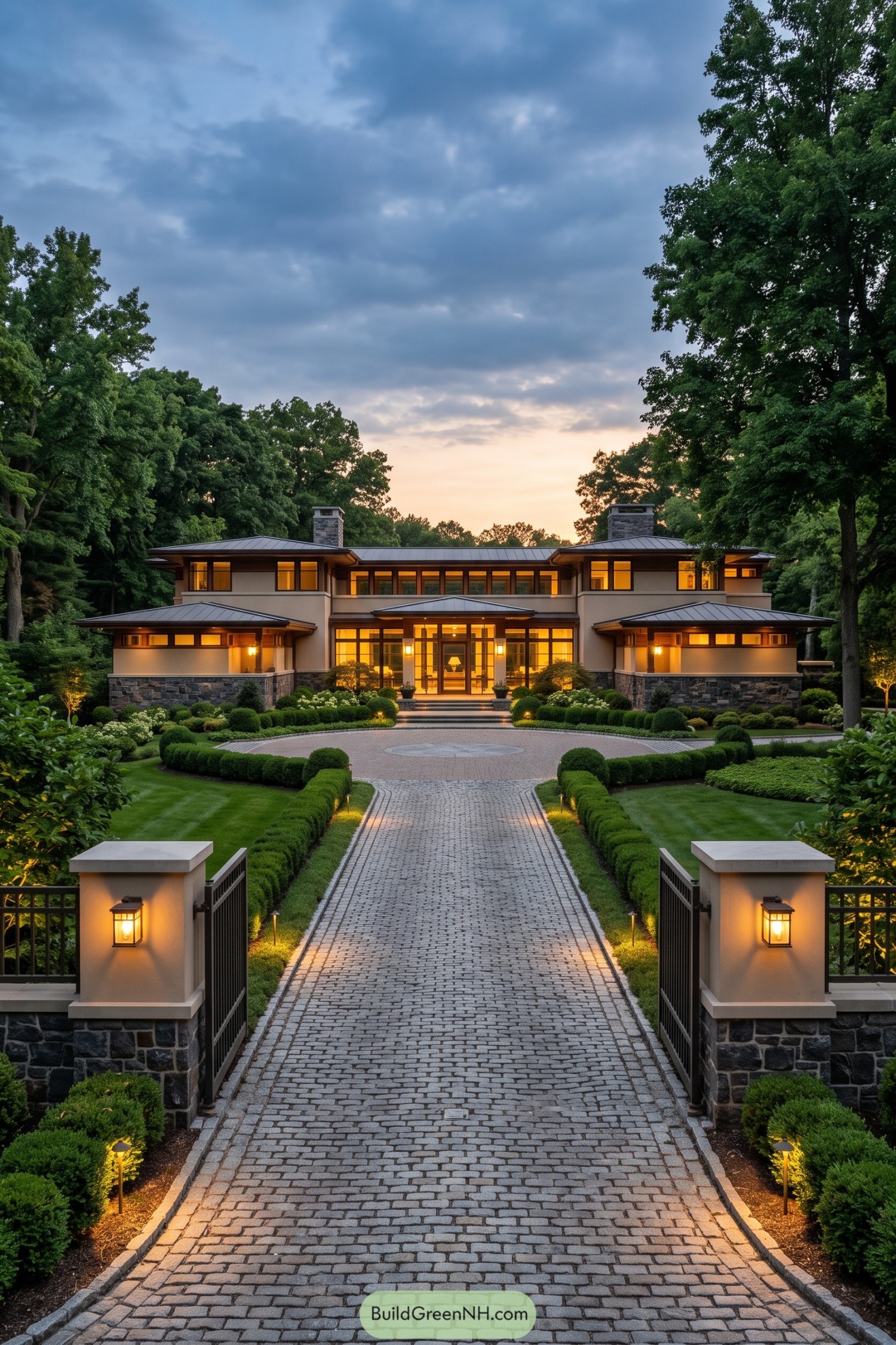 Grand prairie home with stone bases and a cobblestone drive at dusk