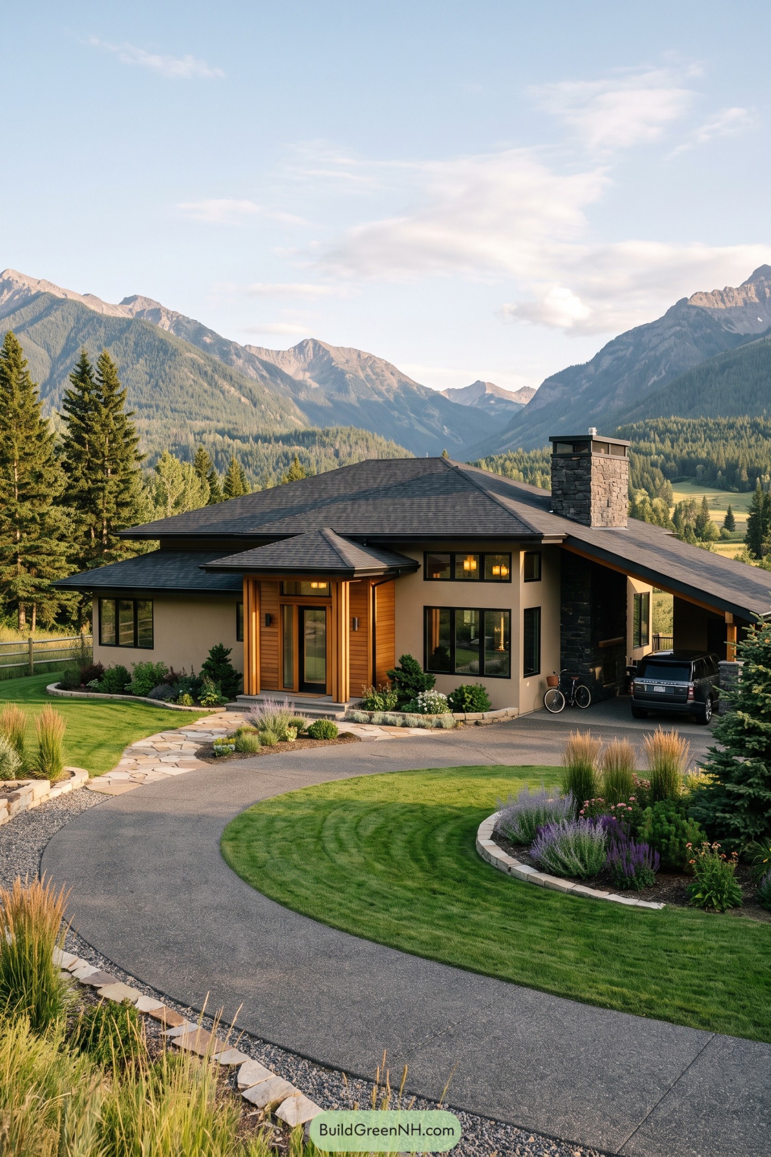 Prairie home with stone chimney beneath mountain peaks
