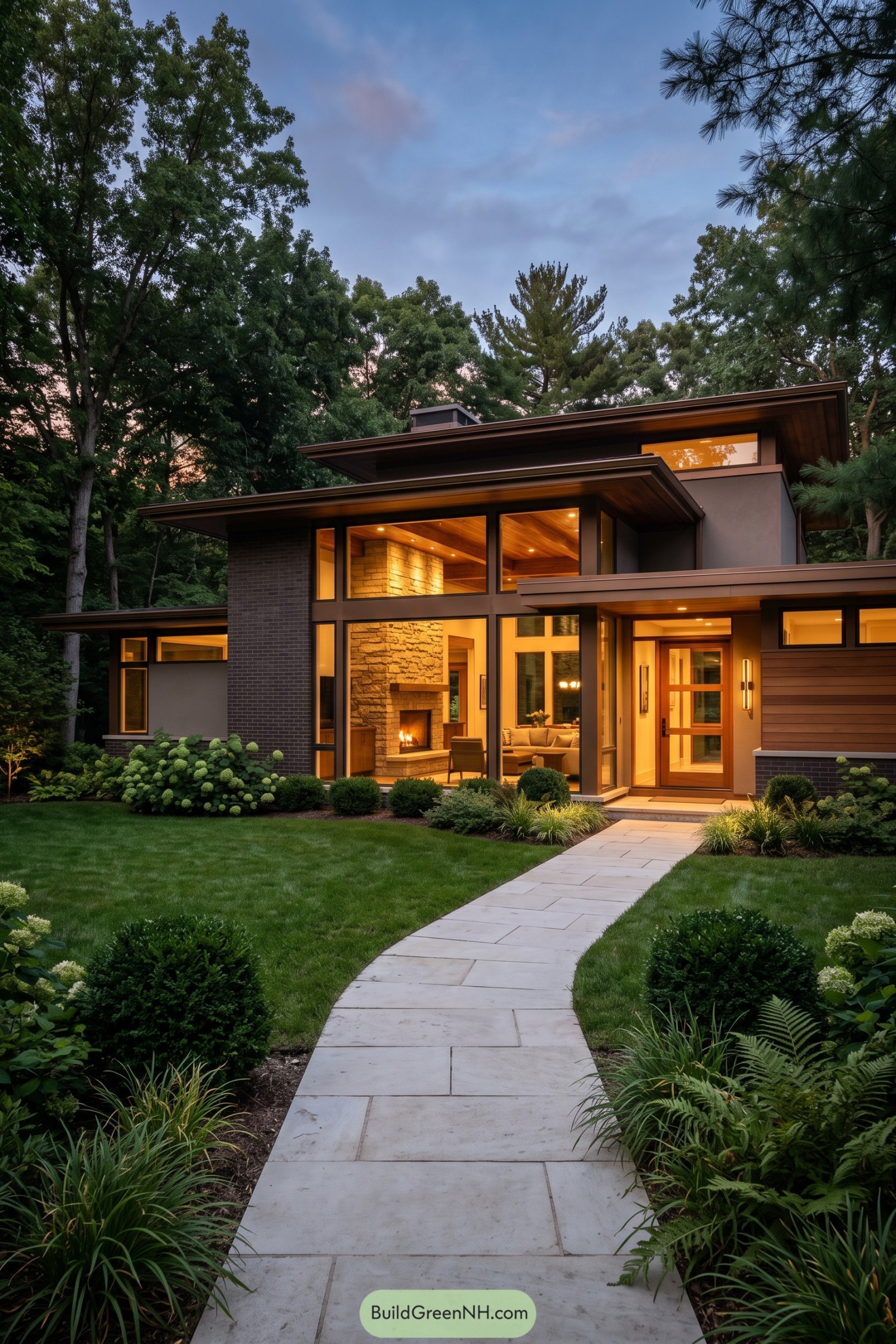 Modern prairie home with broad eaves and a glowing stone fireplace