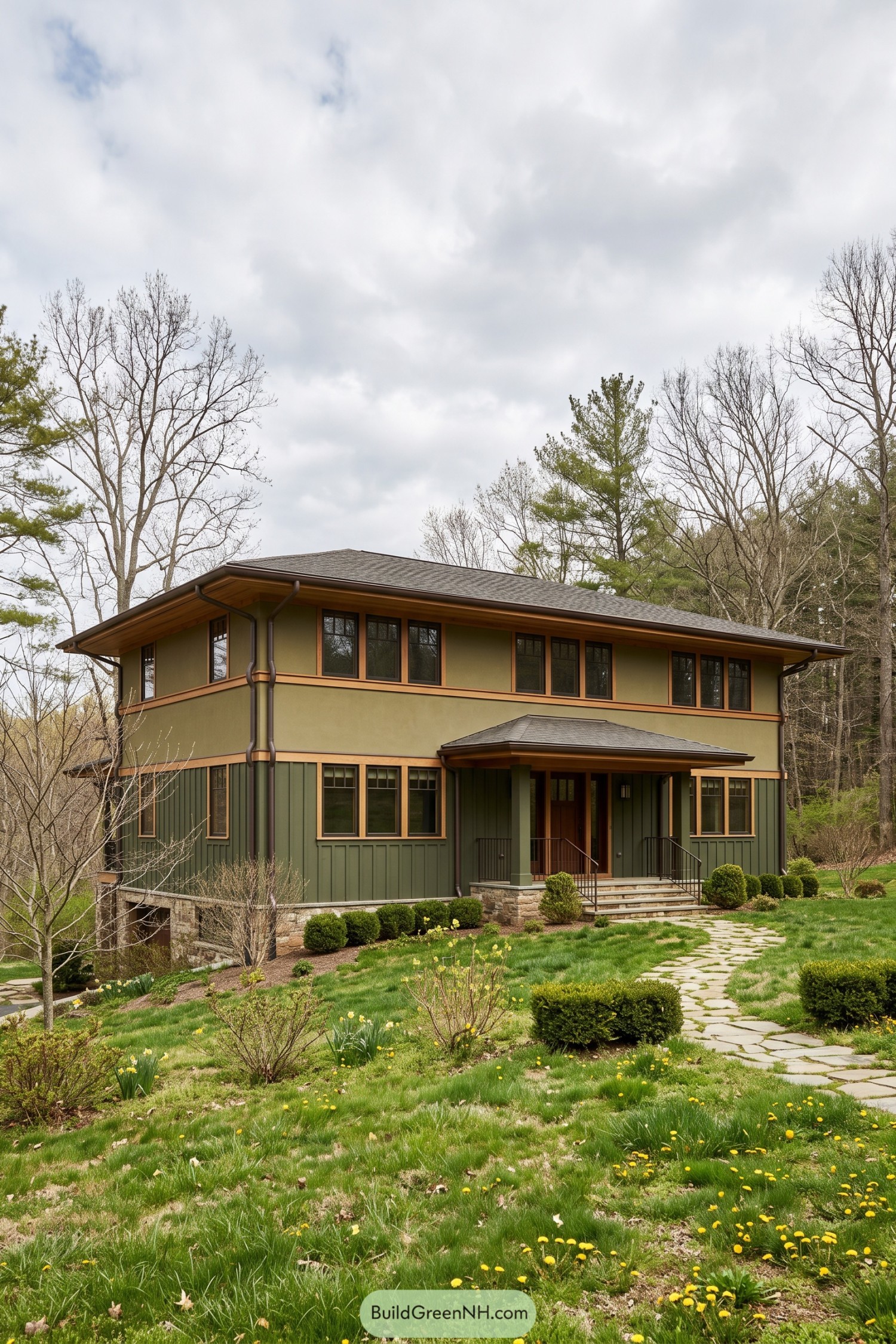Green two-story prairie home with wide eaves and wood trim