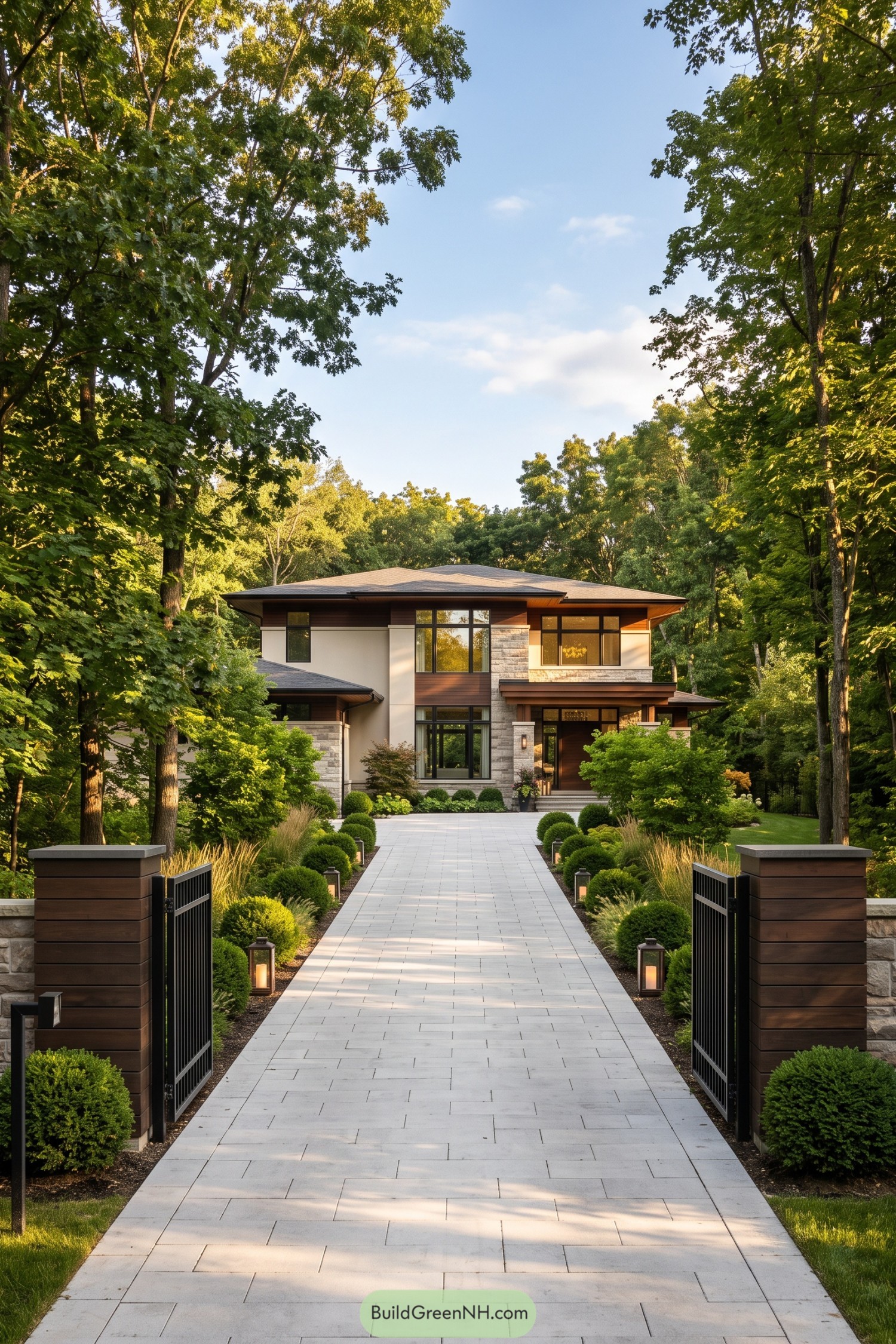 Modern prairie house with a gated stone path beneath mature trees
