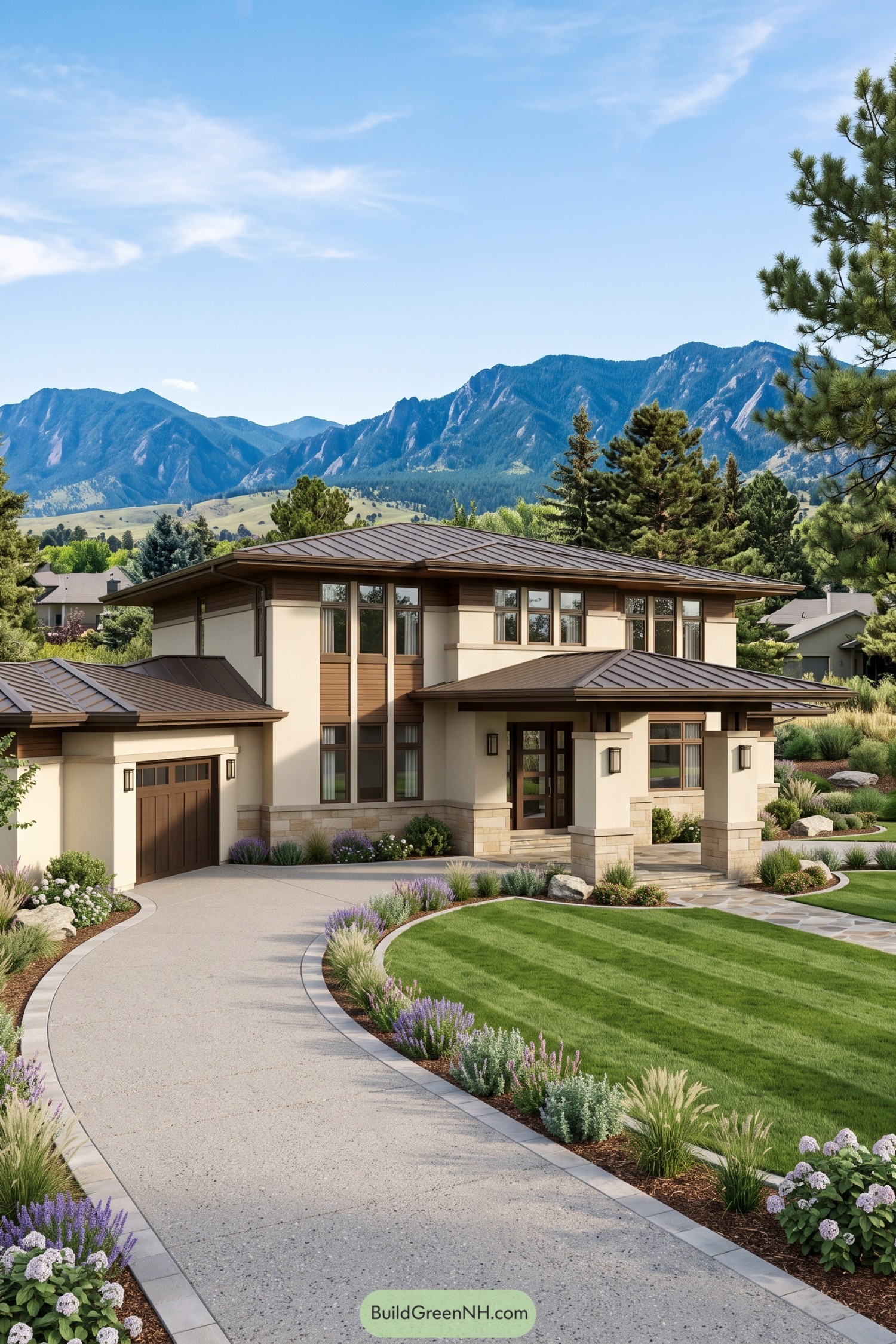 Modern prairie house with broad rooflines and mountain views