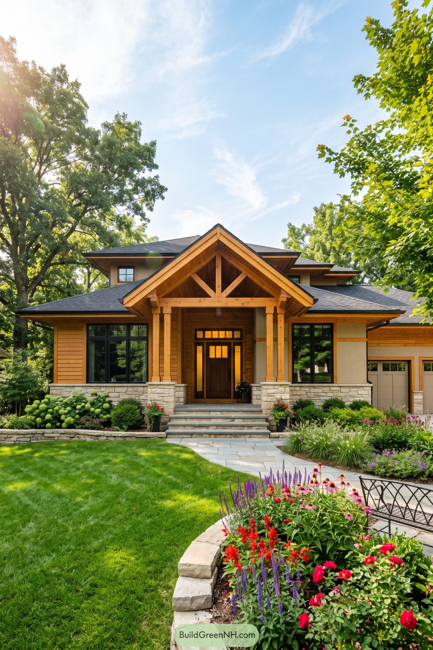 Wood clad prairie home with a timber gable porch and stone base