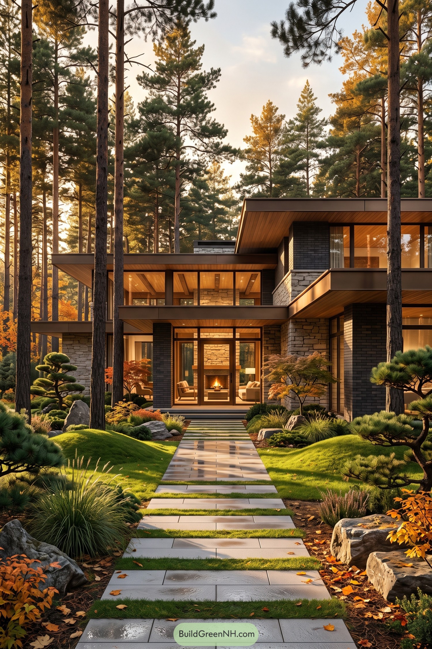 Modern prairie home with stone and dark brick amid tall pines