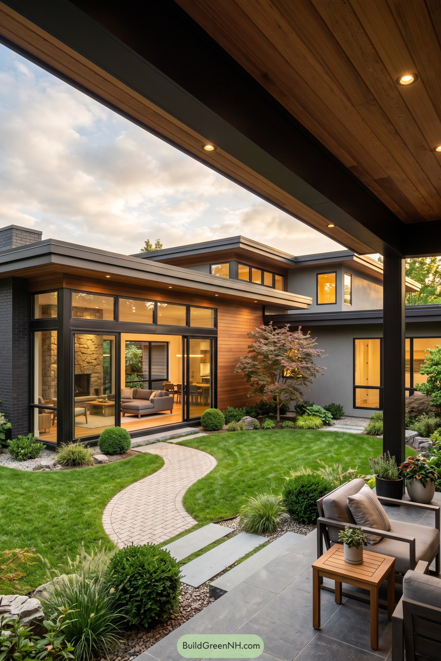 Modern prairie home with wood cladding and garden courtyard