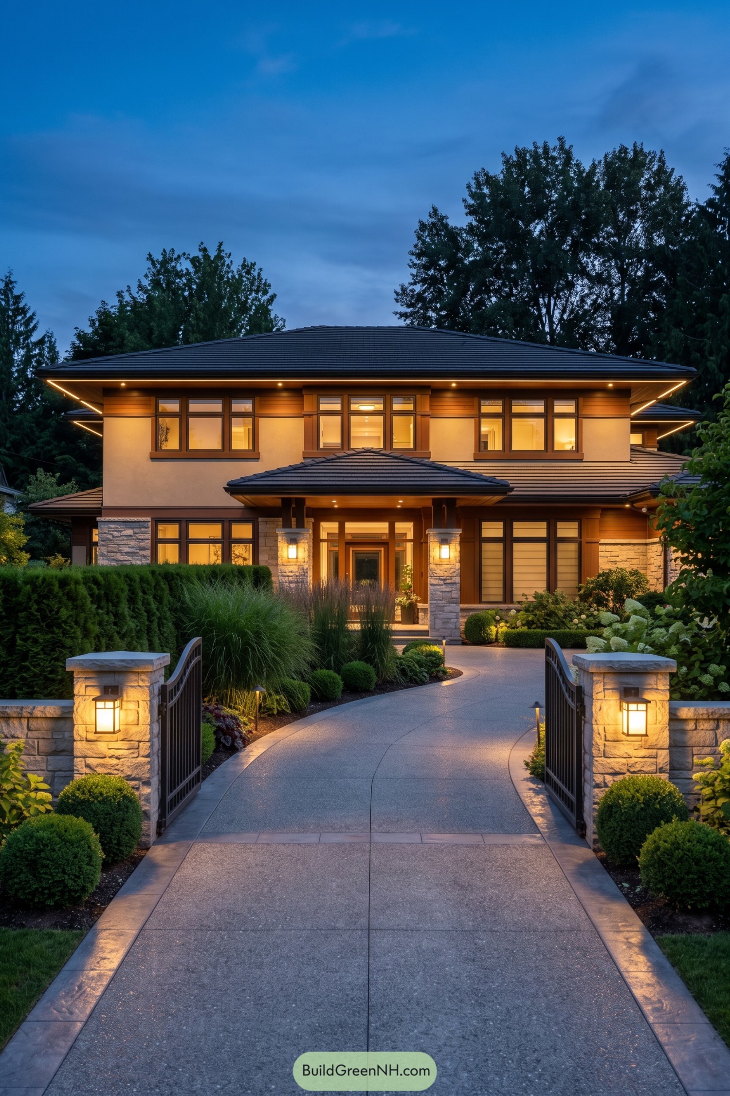 Modern prairie home with stone gate at dusk