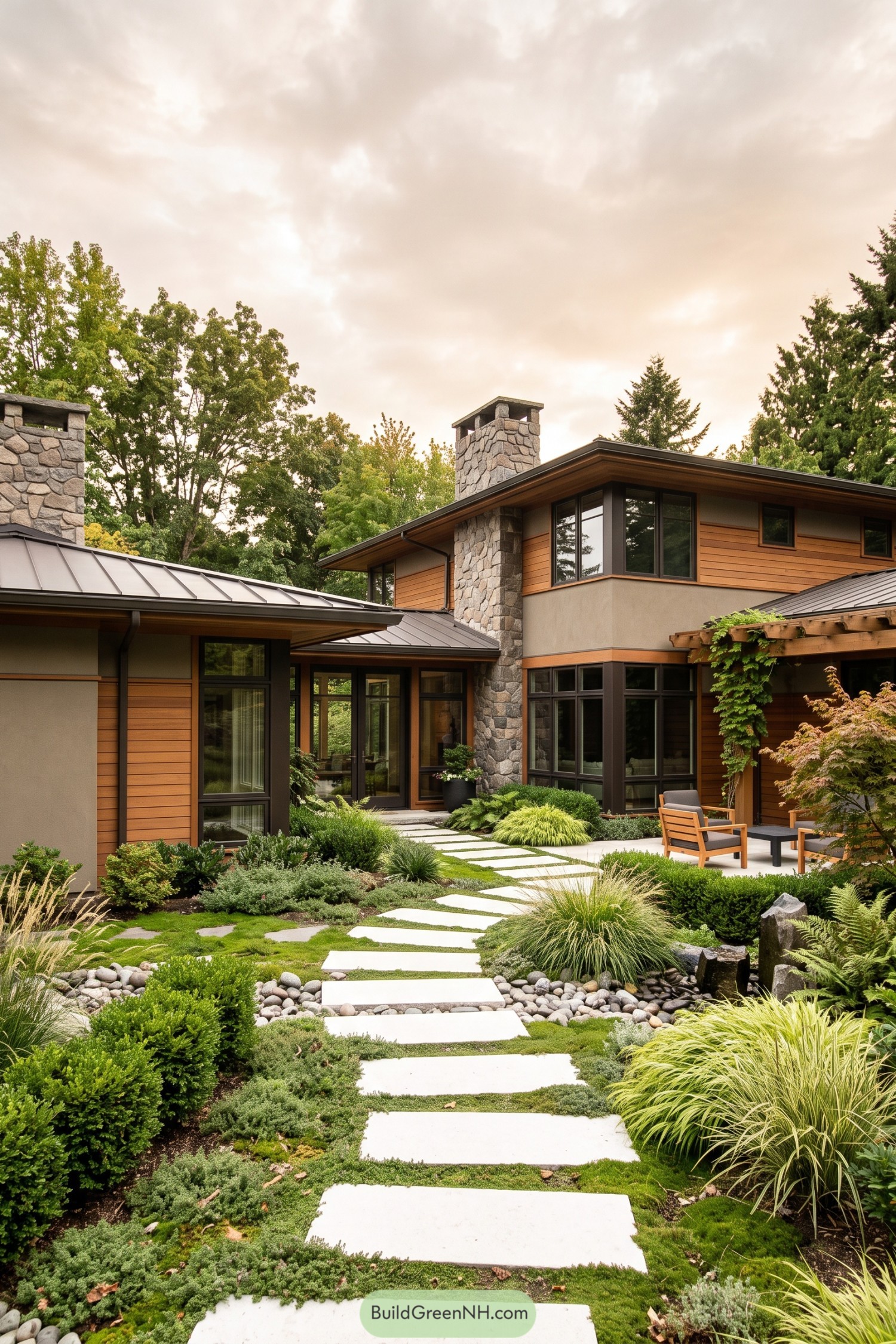 Modern prairie home with stone chimneys and a lush stepping-stone courtyard