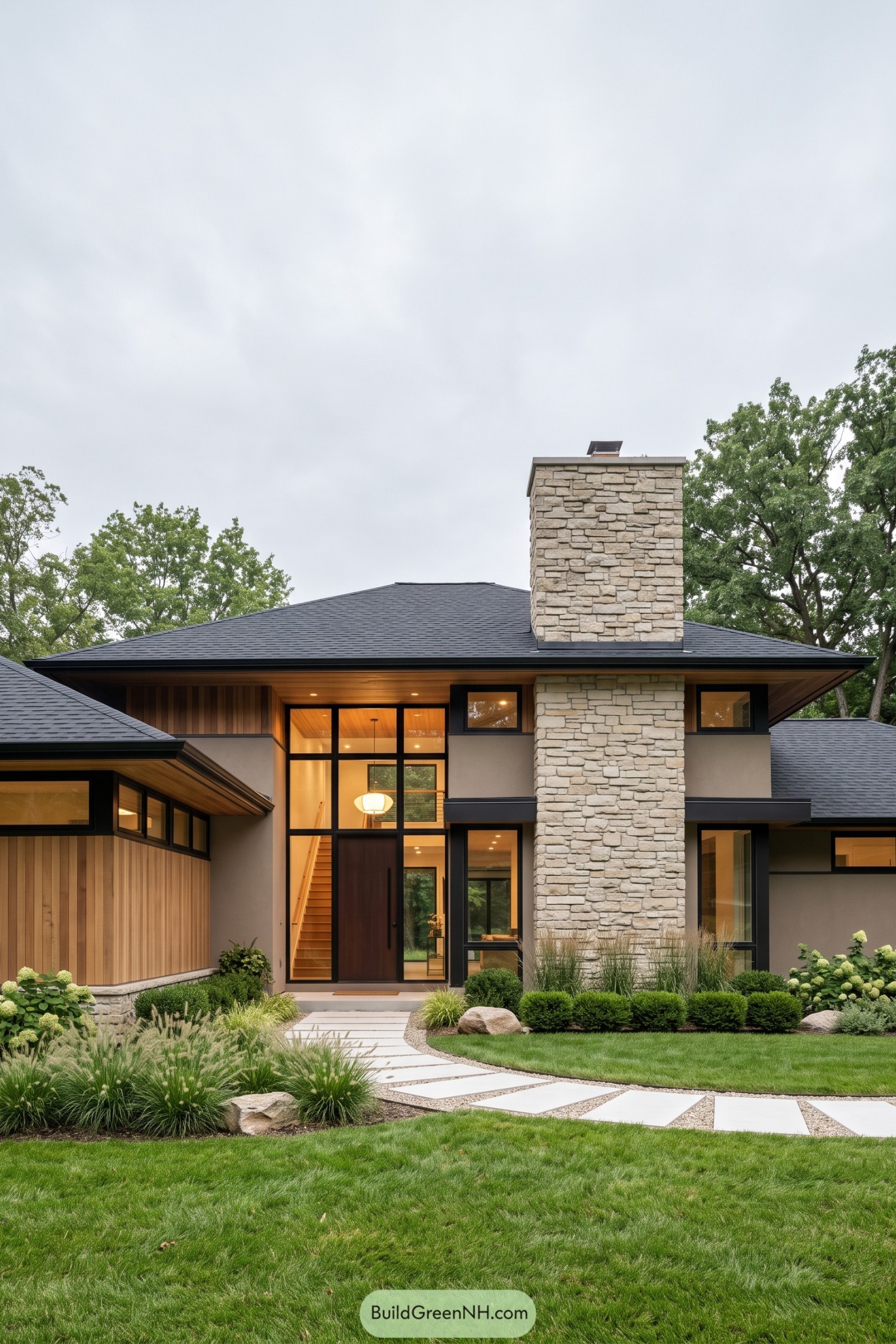 Modern prairie home with stone chimney and wide rooflines