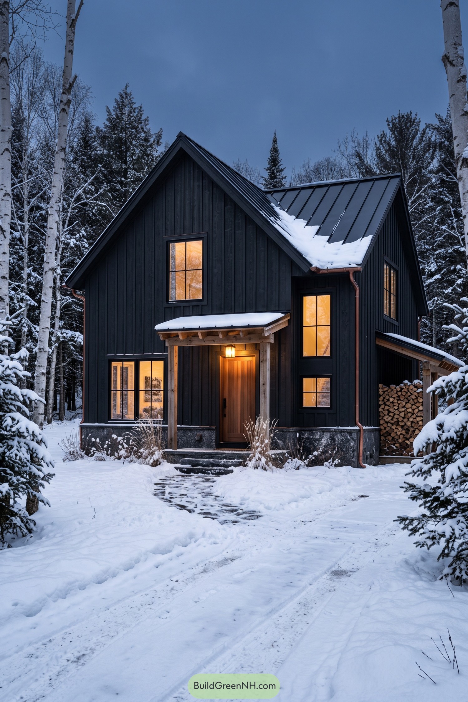 Black board and batten farmhouse nestled in snowy birch woods
