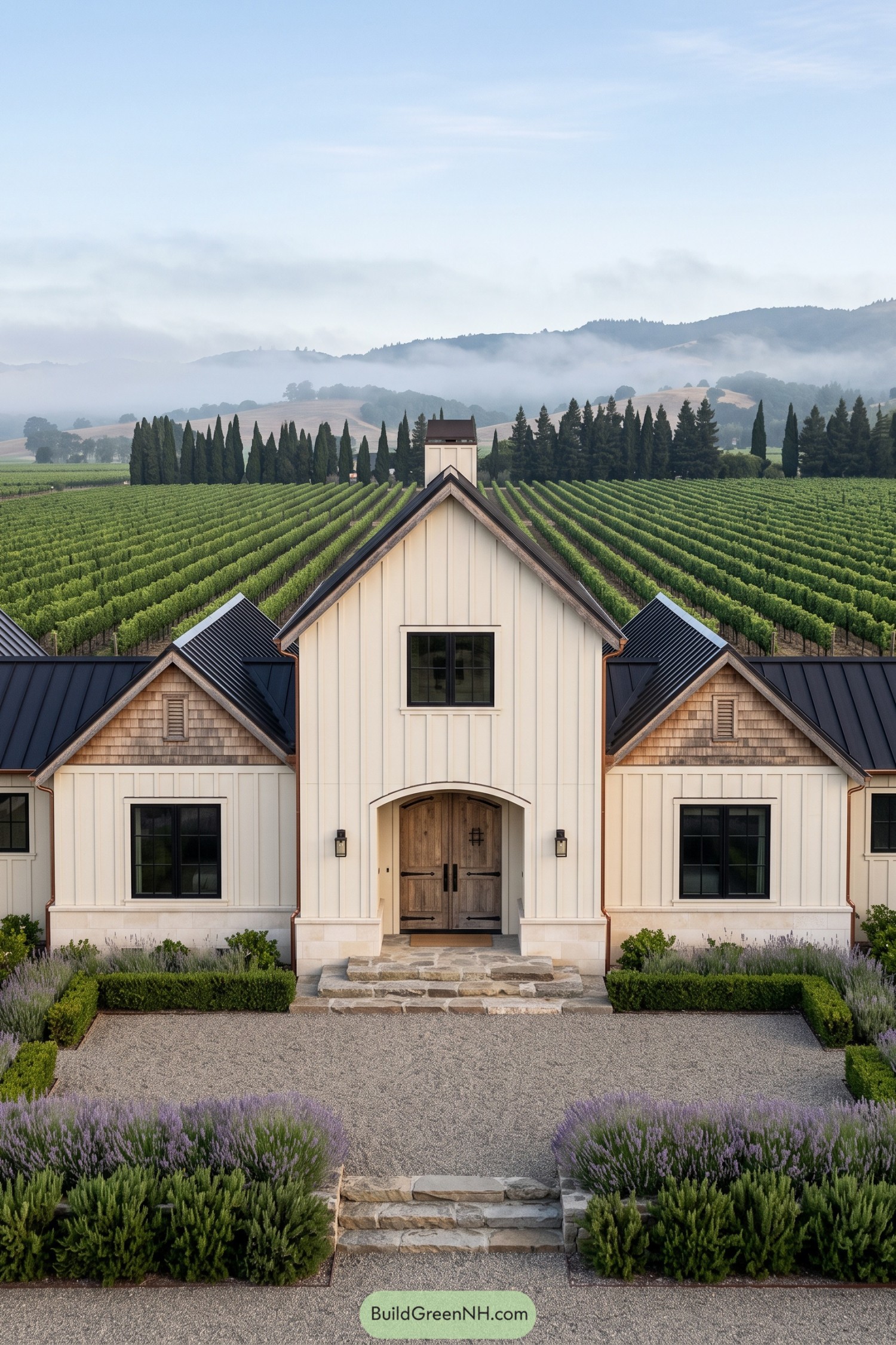 Cream board and batten farmhouse with black metal roofs beside a vineyard