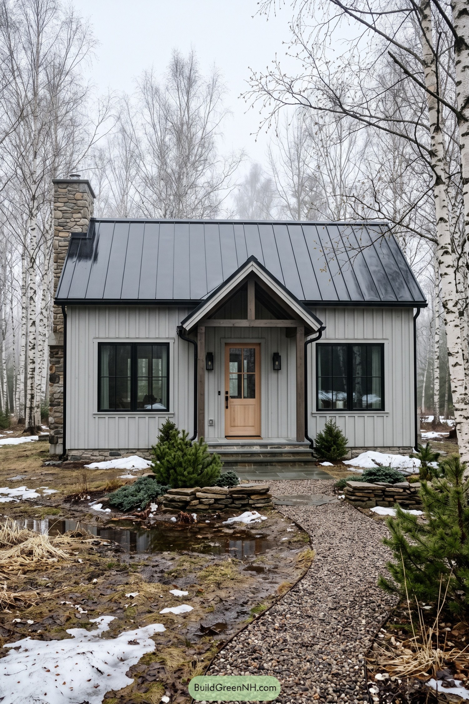 Gray board and batten farmhouse with stone chimney among birch trees
