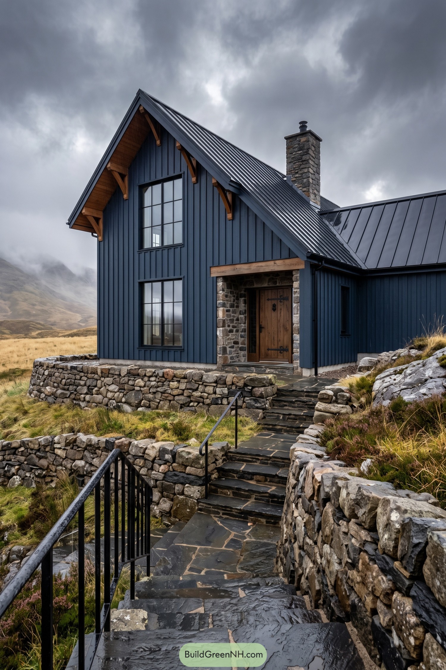 Navy board and batten farmhouse with stone terraces and a metal roof