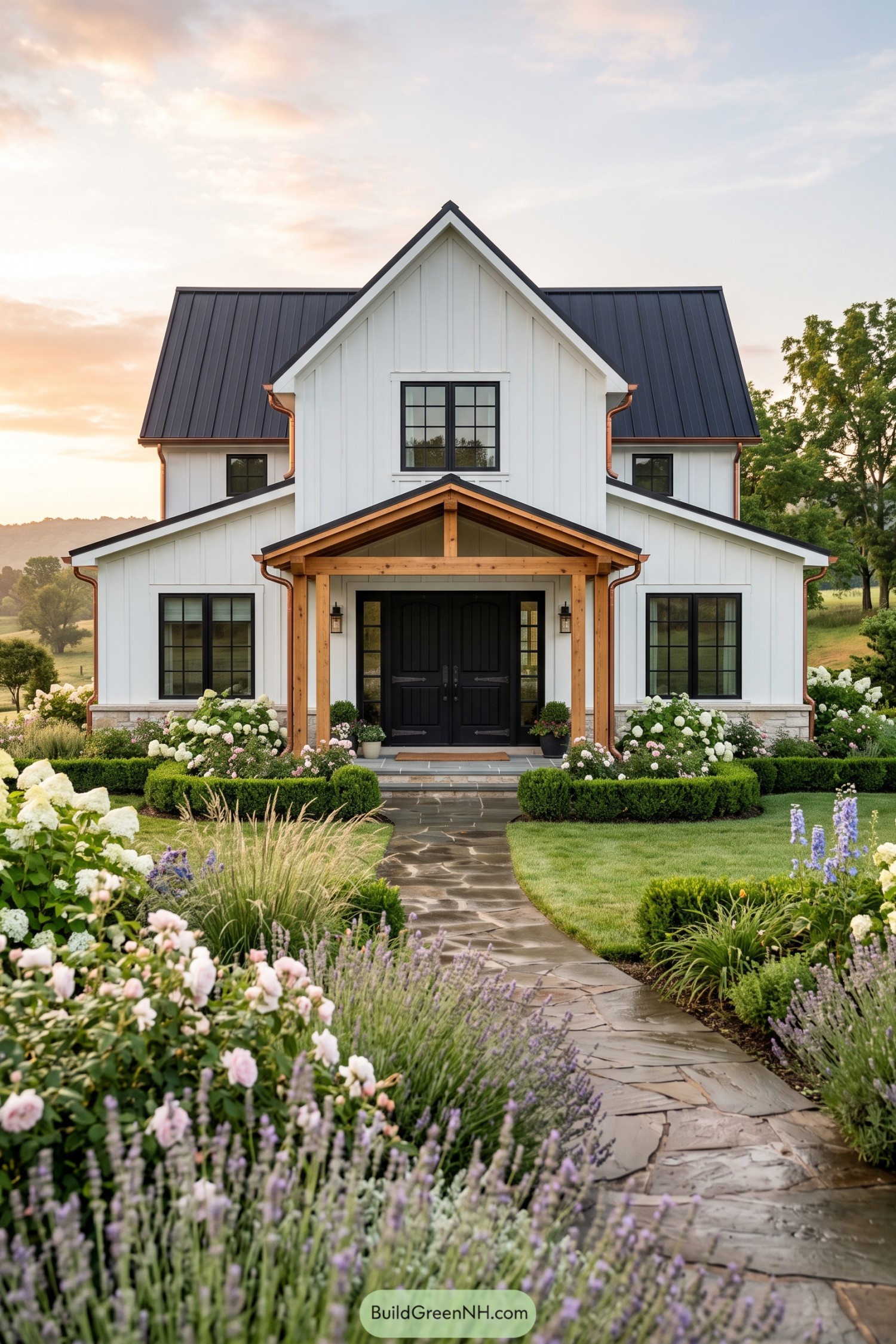 White board and batten farmhouse with copper gutters and a timber porch