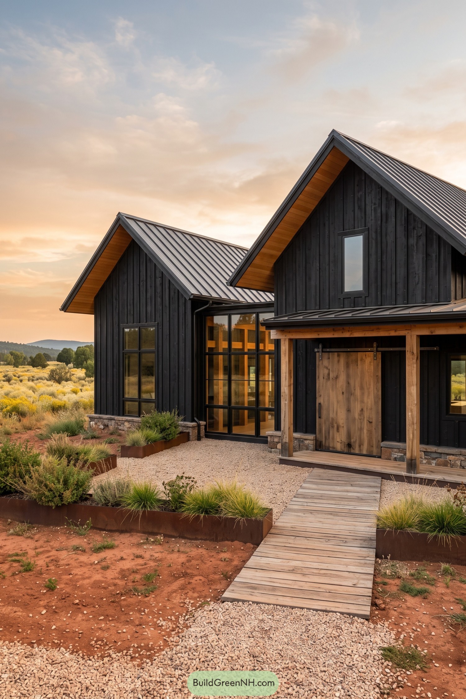 Black board and batten farmhouse with timber entry and metal gables