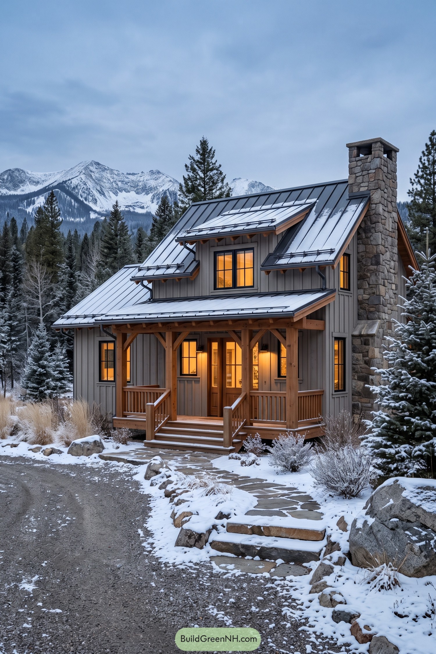 Snowy mountain farmhouse with gray board and batten siding and stone chimney