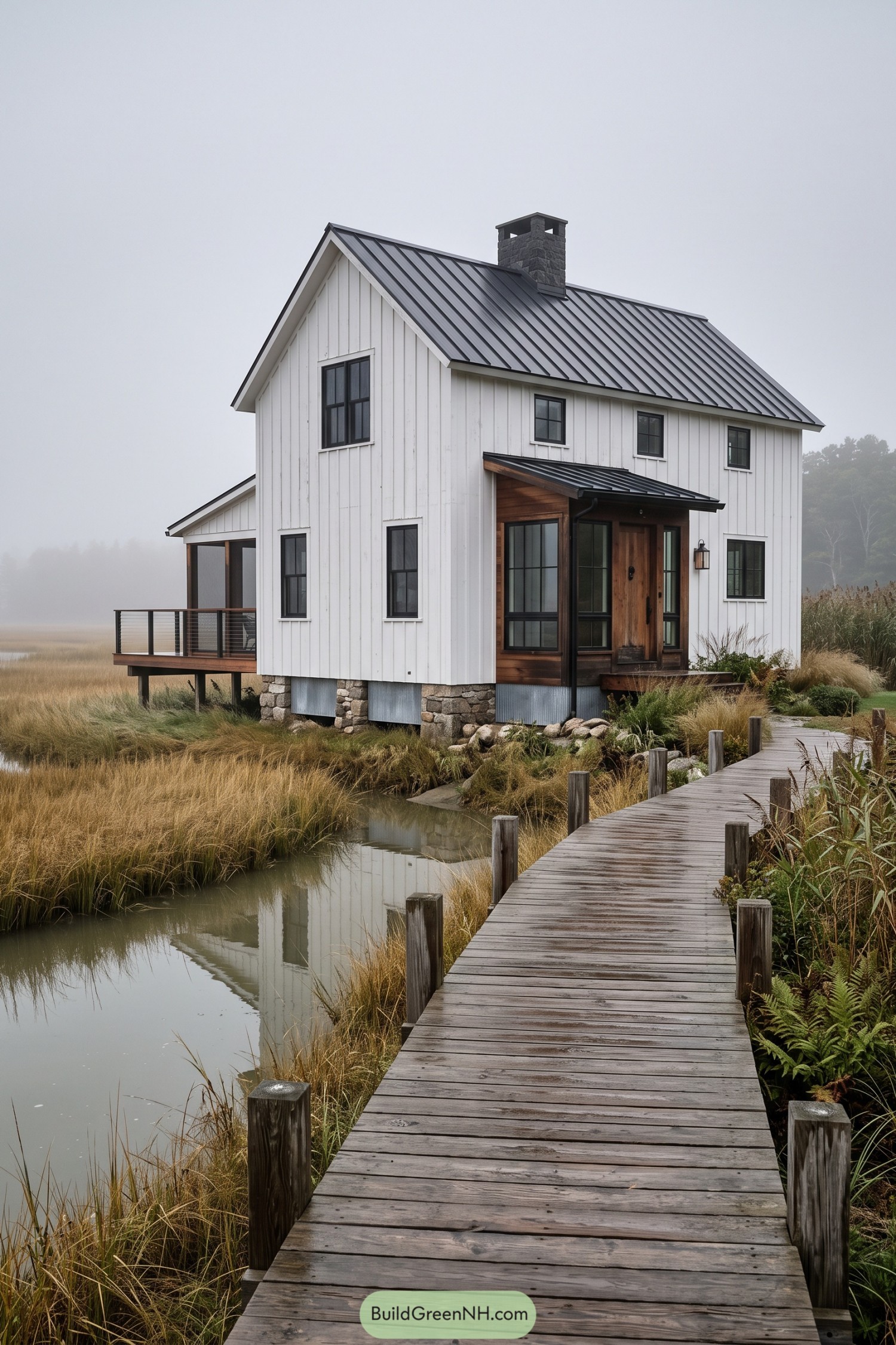 White board and batten farmhouse beside a marshy boardwalk