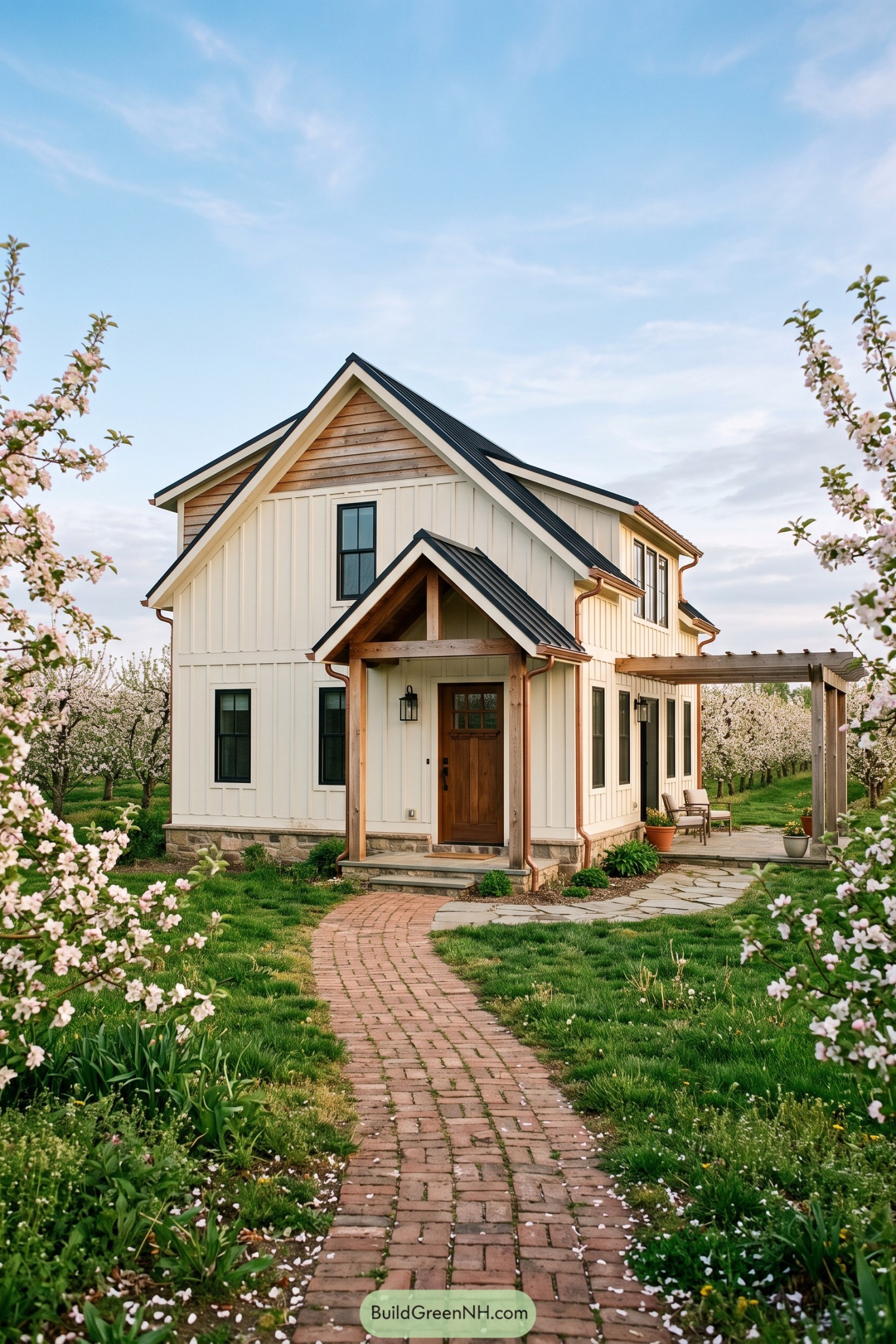 White board and batten farmhouse with wood porch in a blooming orchard