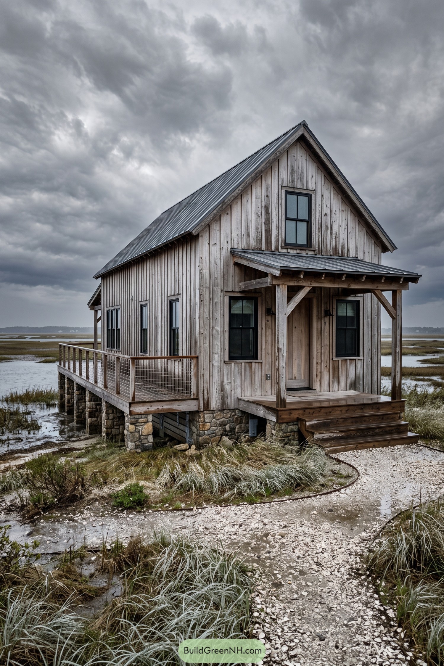 Weathered board and batten farmhouse raised above coastal marshland