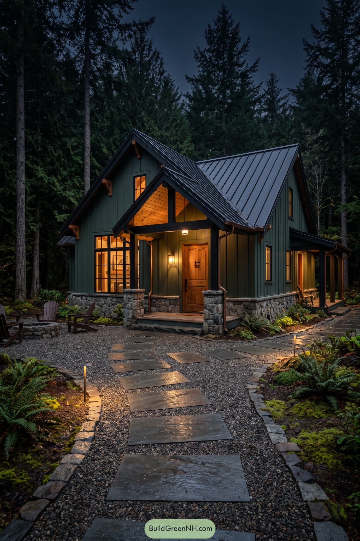 Deep green board and batten farmhouse nestled among towering evergreens at dusk