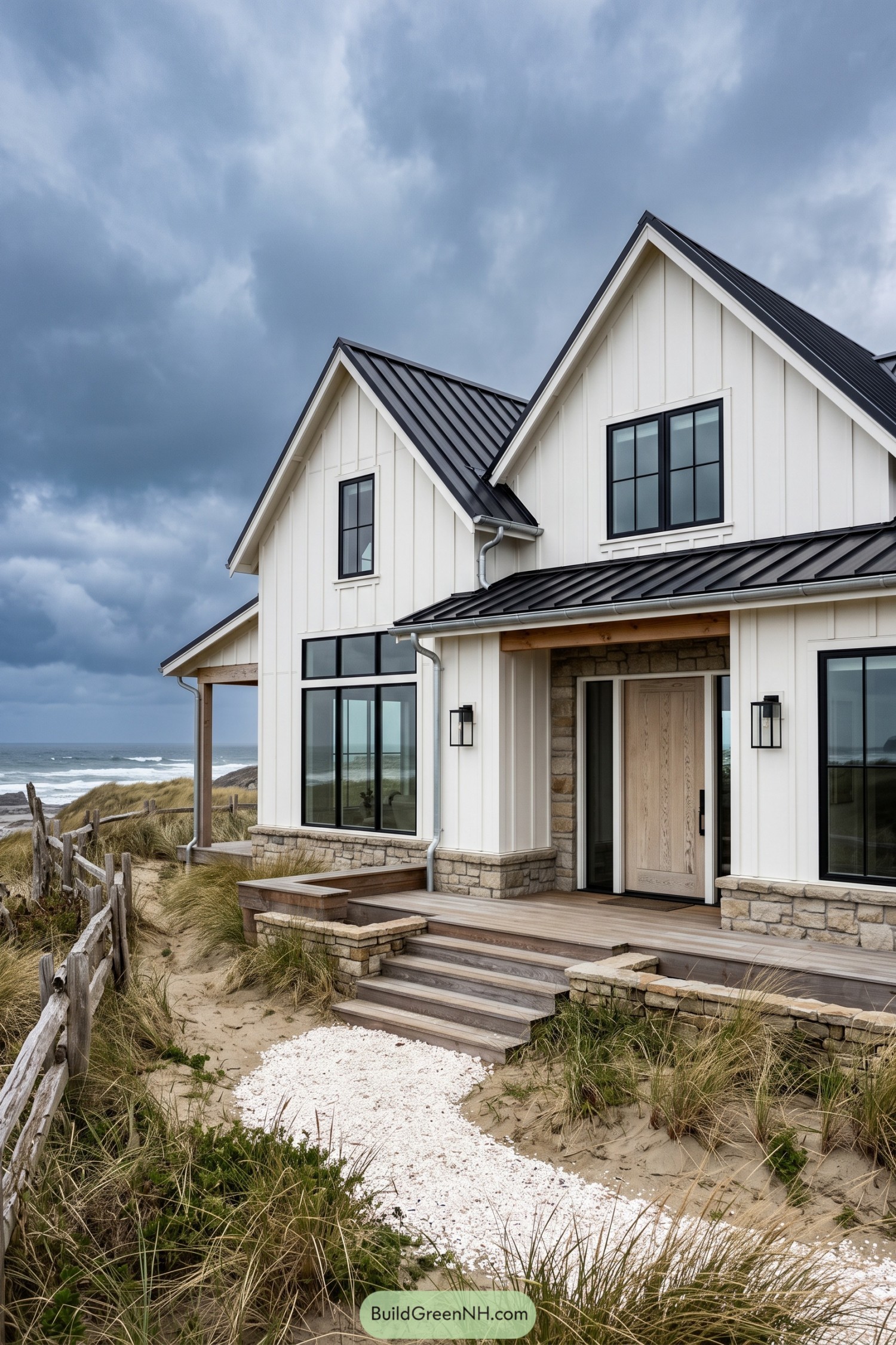 White board and batten coastal farmhouse with black metal roof