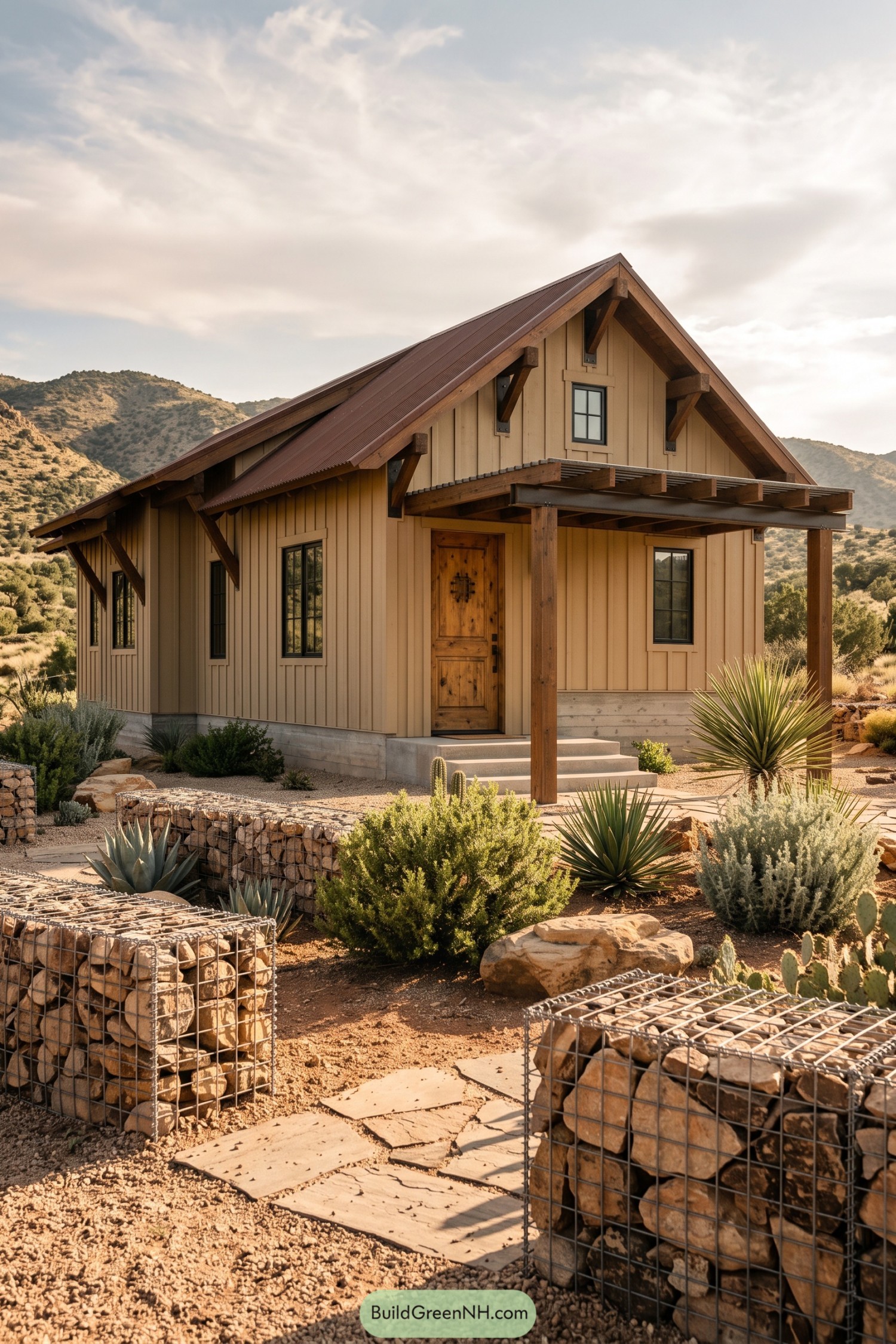 Desert board and batten farmhouse with timber porch