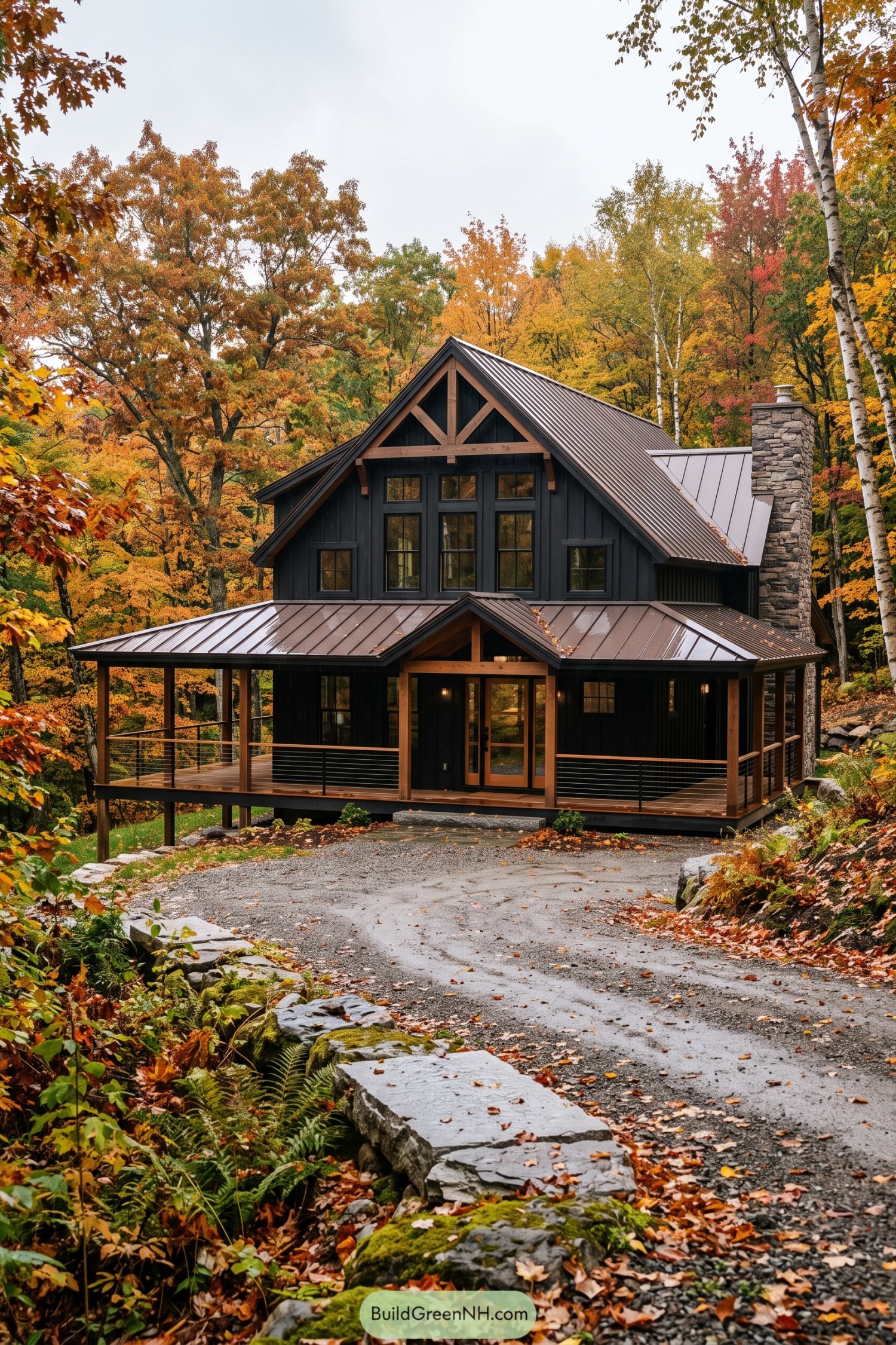 Black board and batten farmhouse among autumn trees