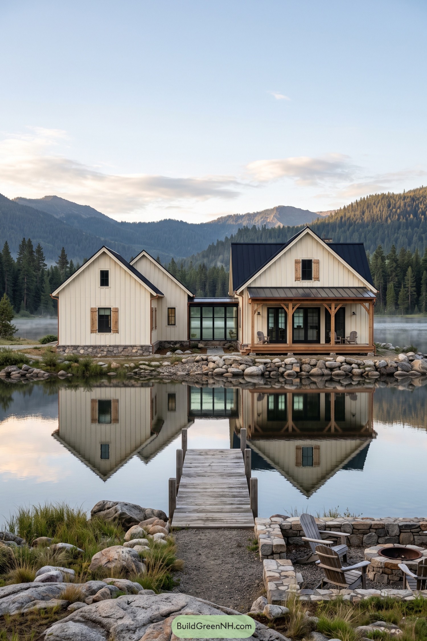 Cream board and batten farmhouse beside a mountain lake