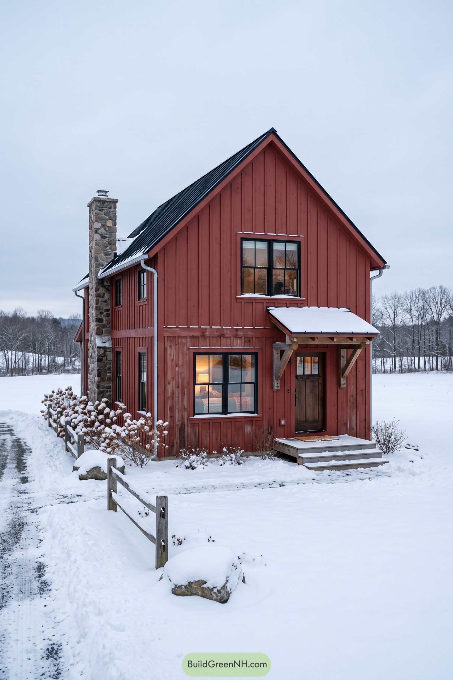Red board and batten farmhouse with stone chimney in snow