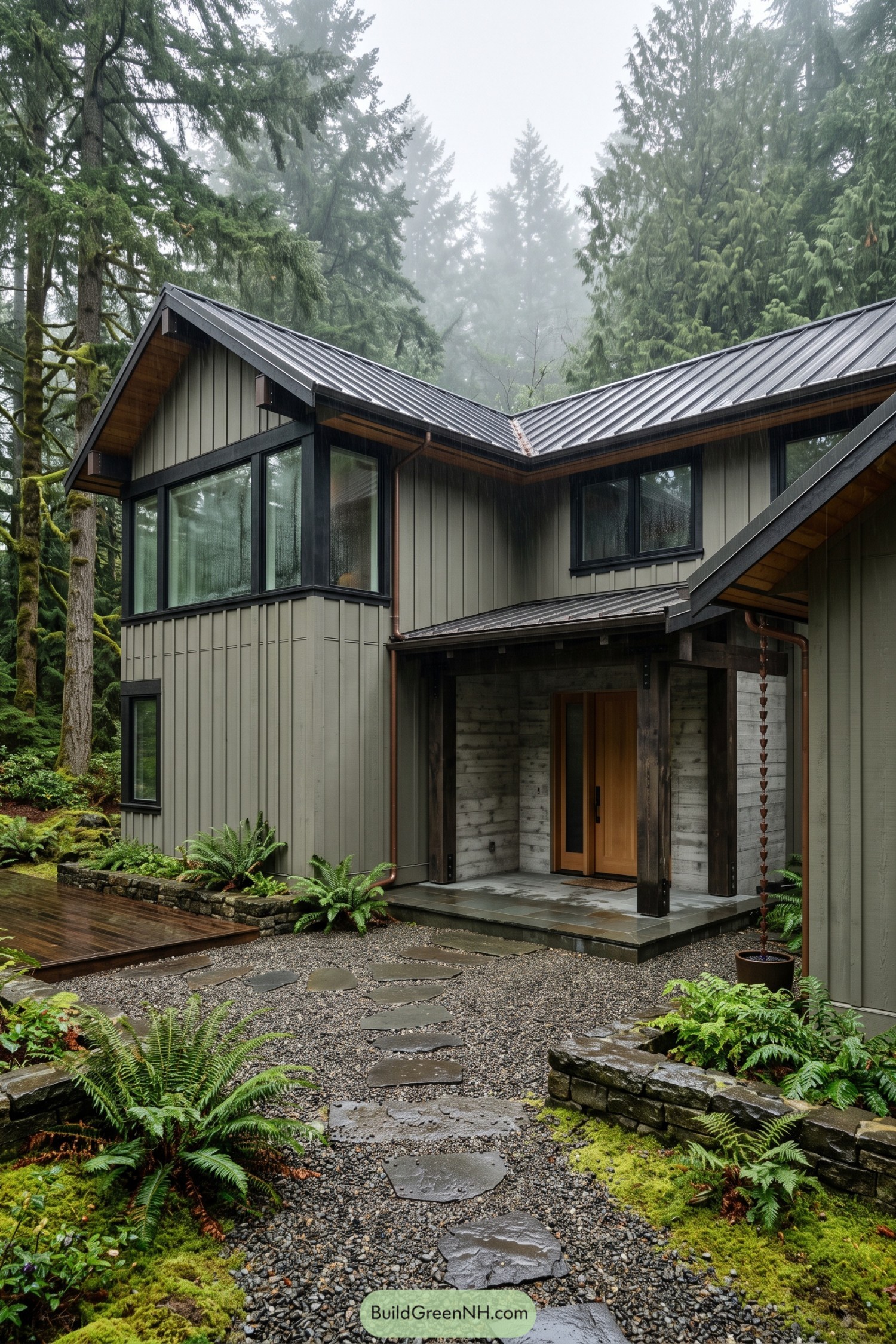 Modern board and batten farmhouse nestled in a misty evergreen forest